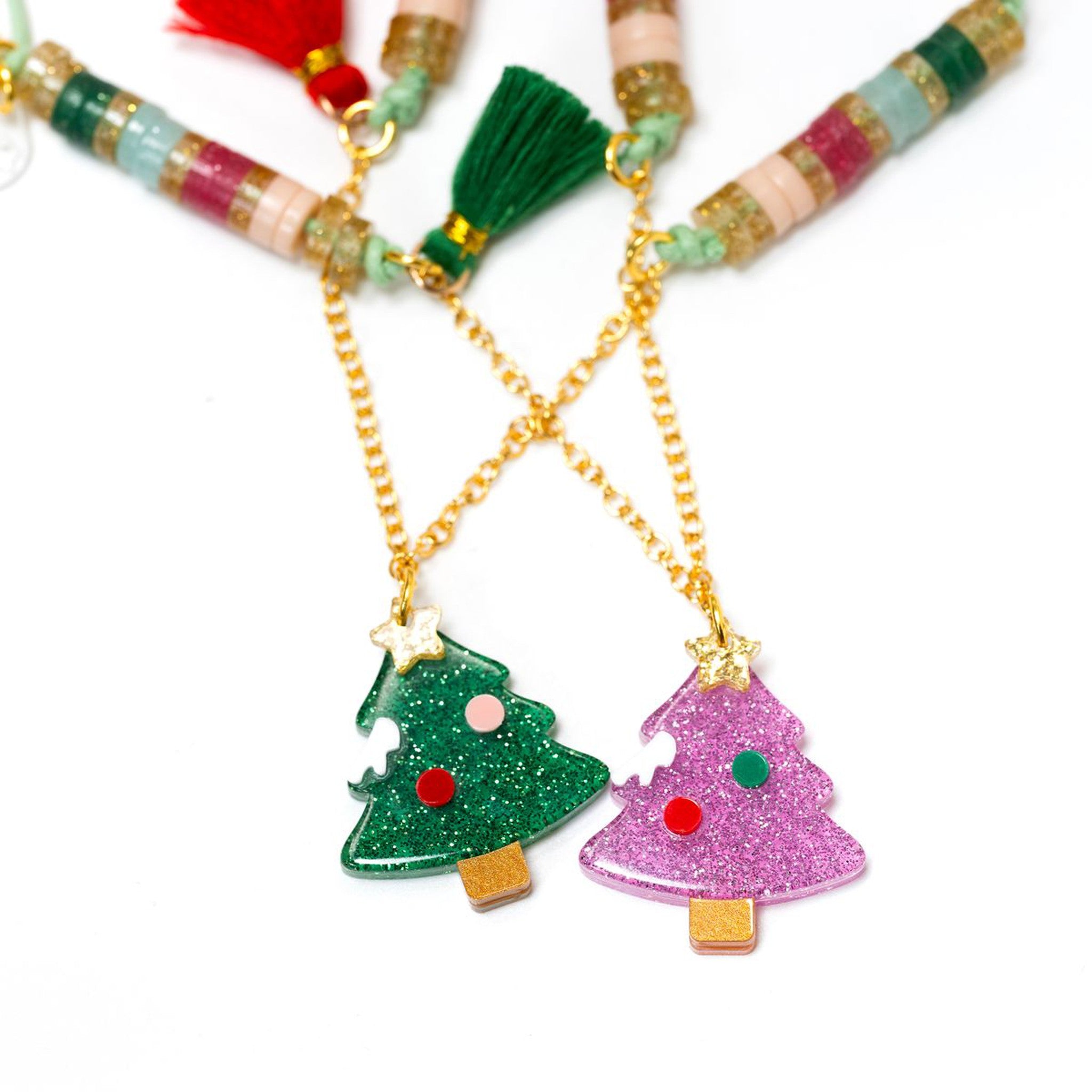 Trees Pink and Green Necklace Set of 2