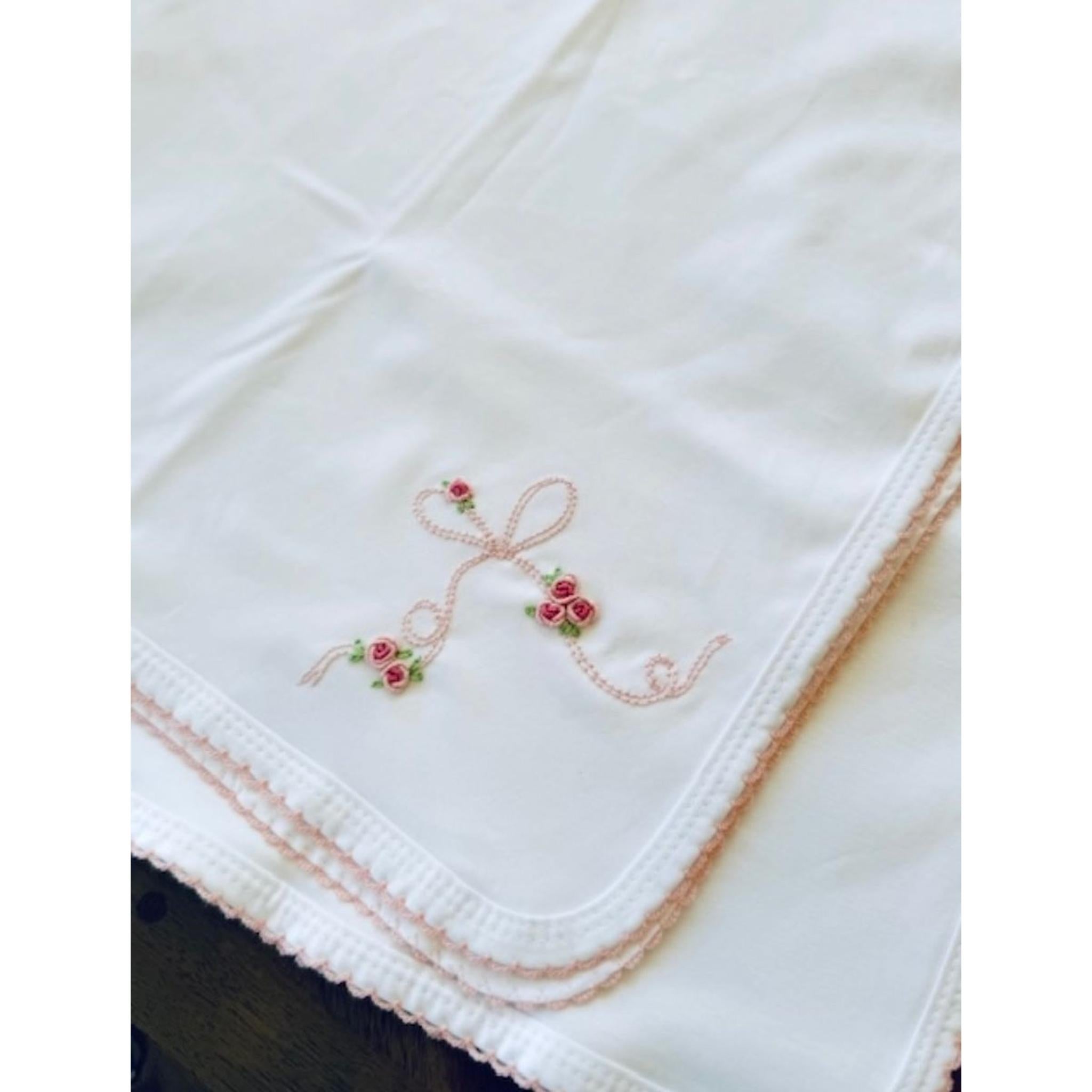 Blanket Pink Picot Trim - Bitty Bows - Hand Embroidered