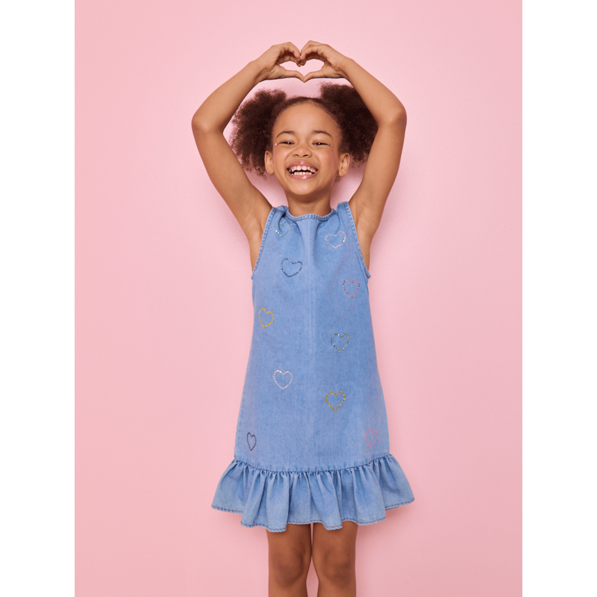 Crystal Rainbow Heart Denim Dress