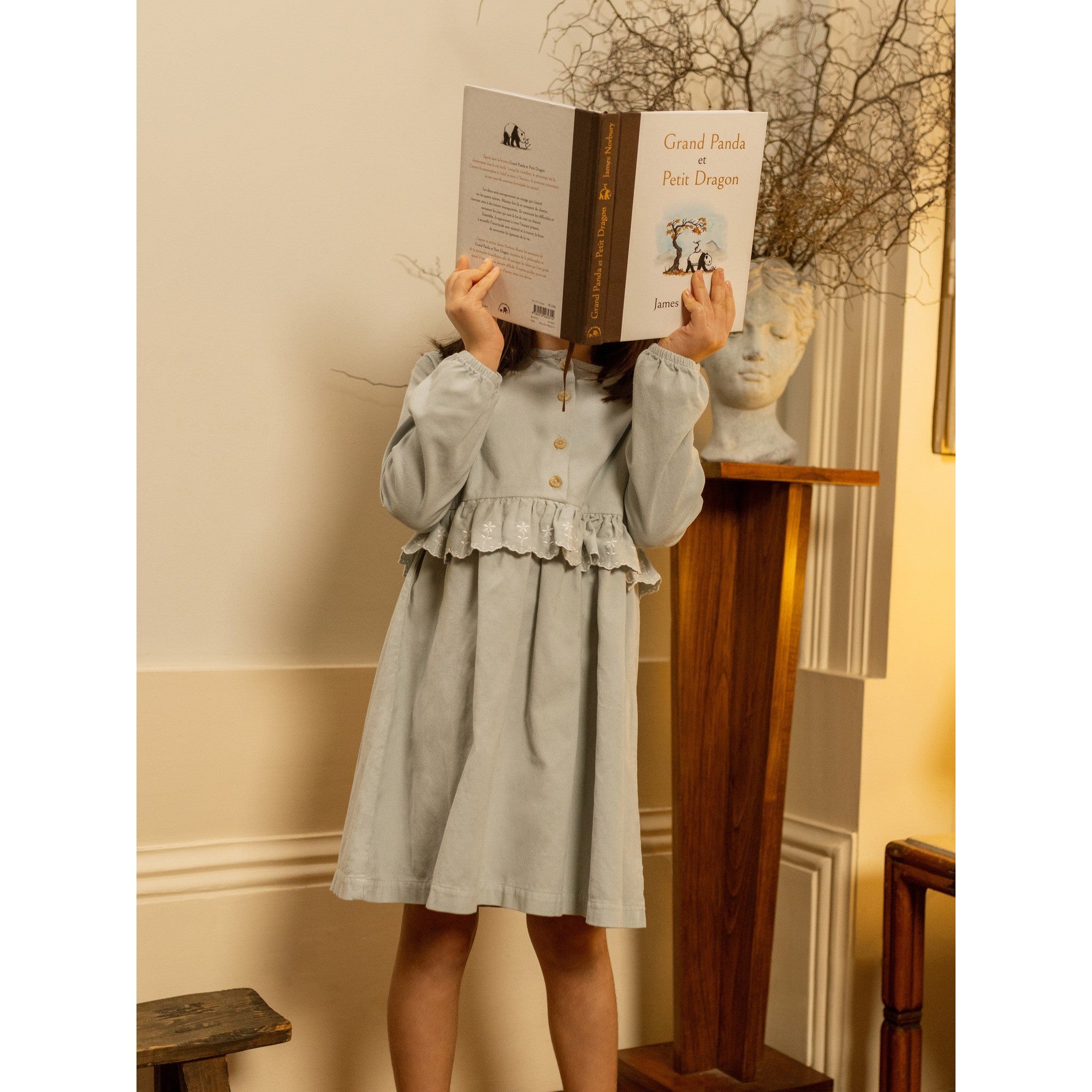 Micro-corduroy dress with embroidered flowers detail