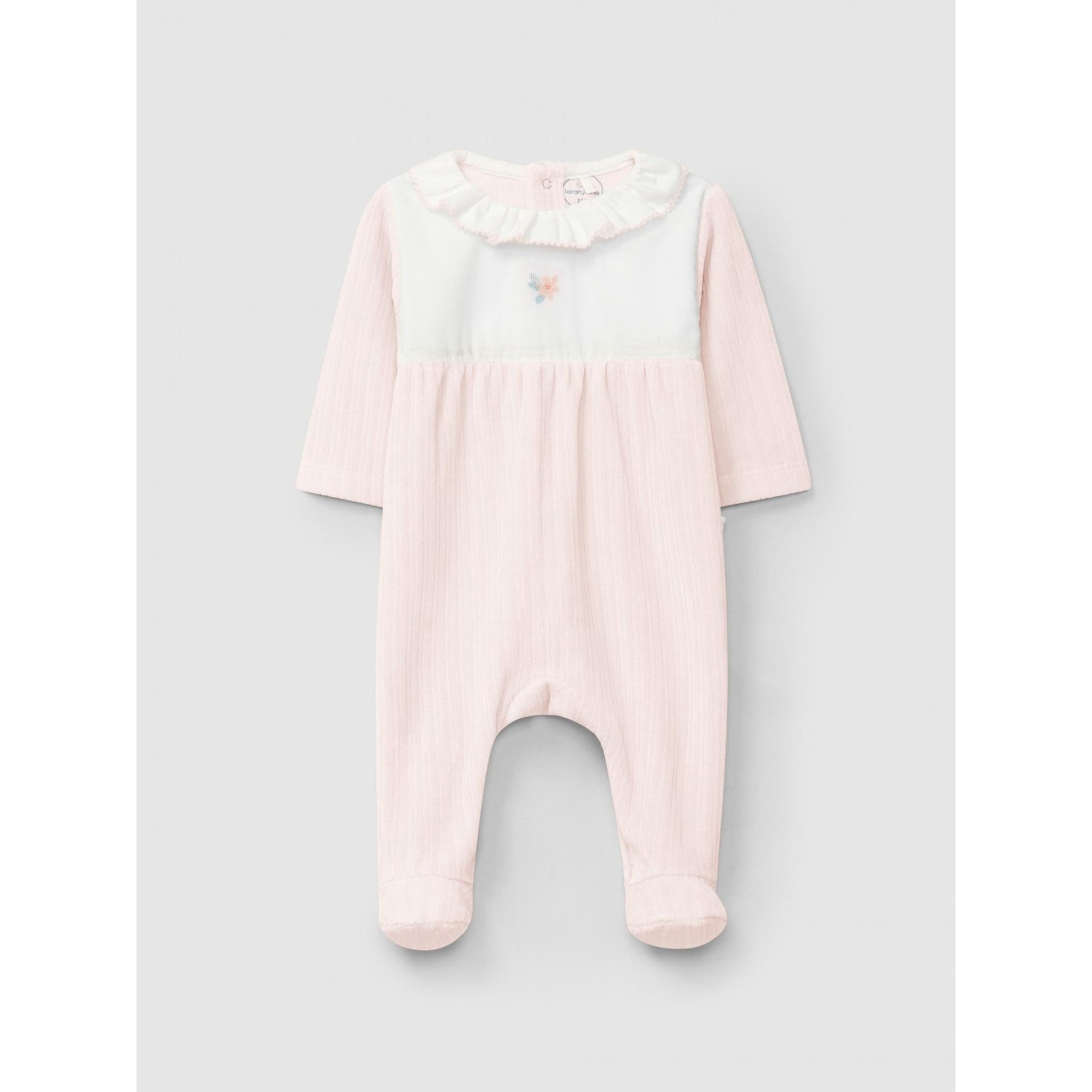 Ribbed velvet babygrow with ruffled collar and embroidered detail