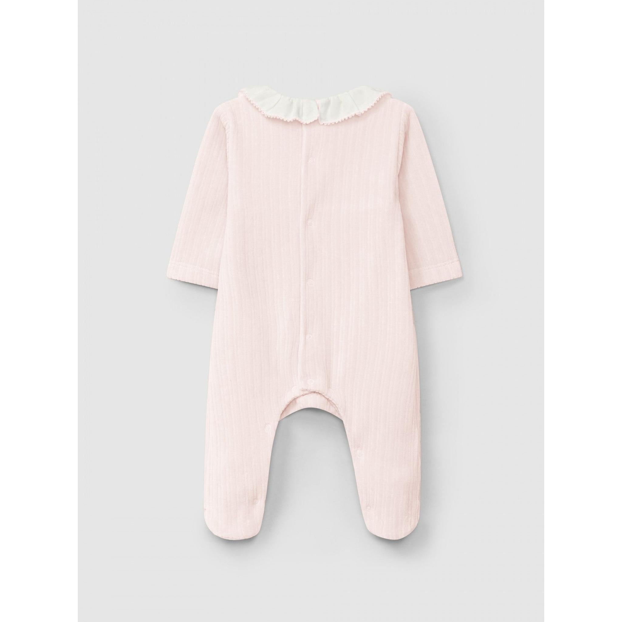 Ribbed velvet babygrow with ruffled collar and embroidered detail