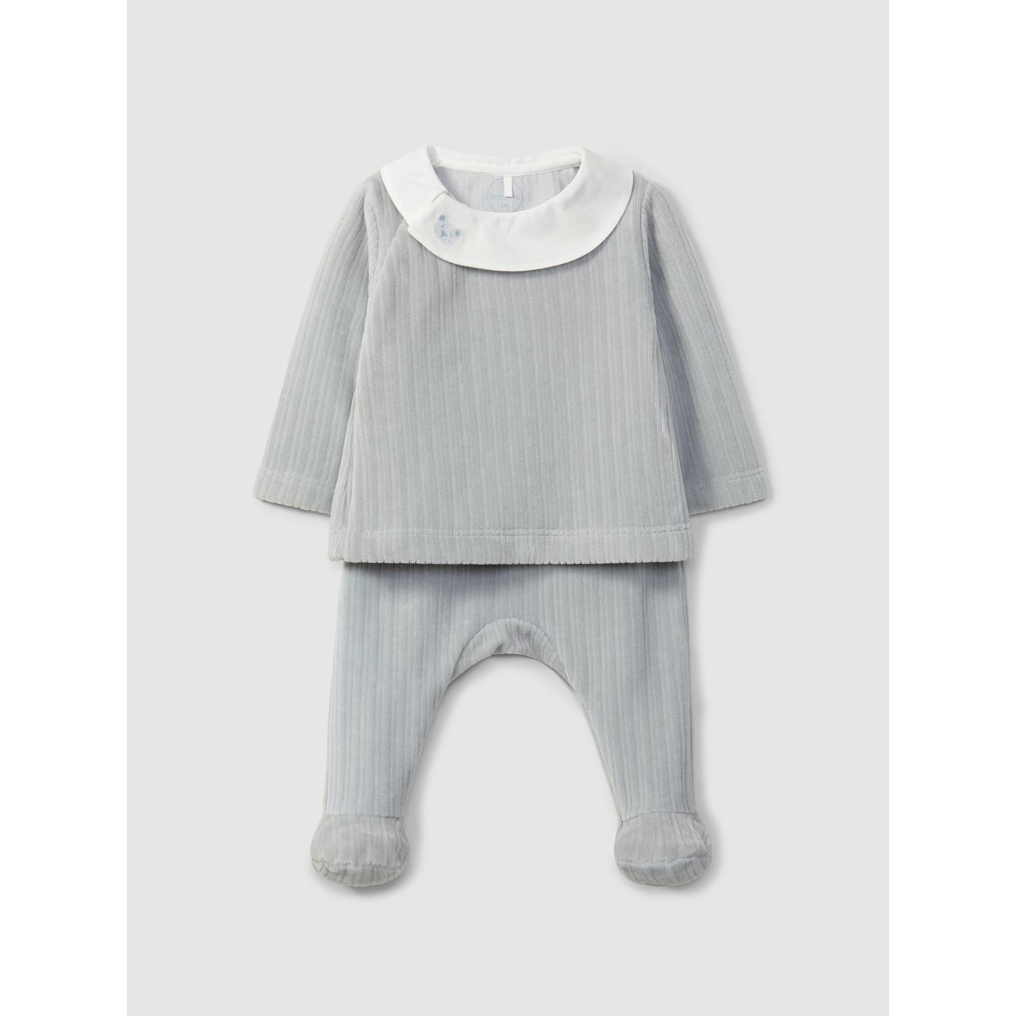 Two-piece ribbed velvet romper with embroidered detail on the collar