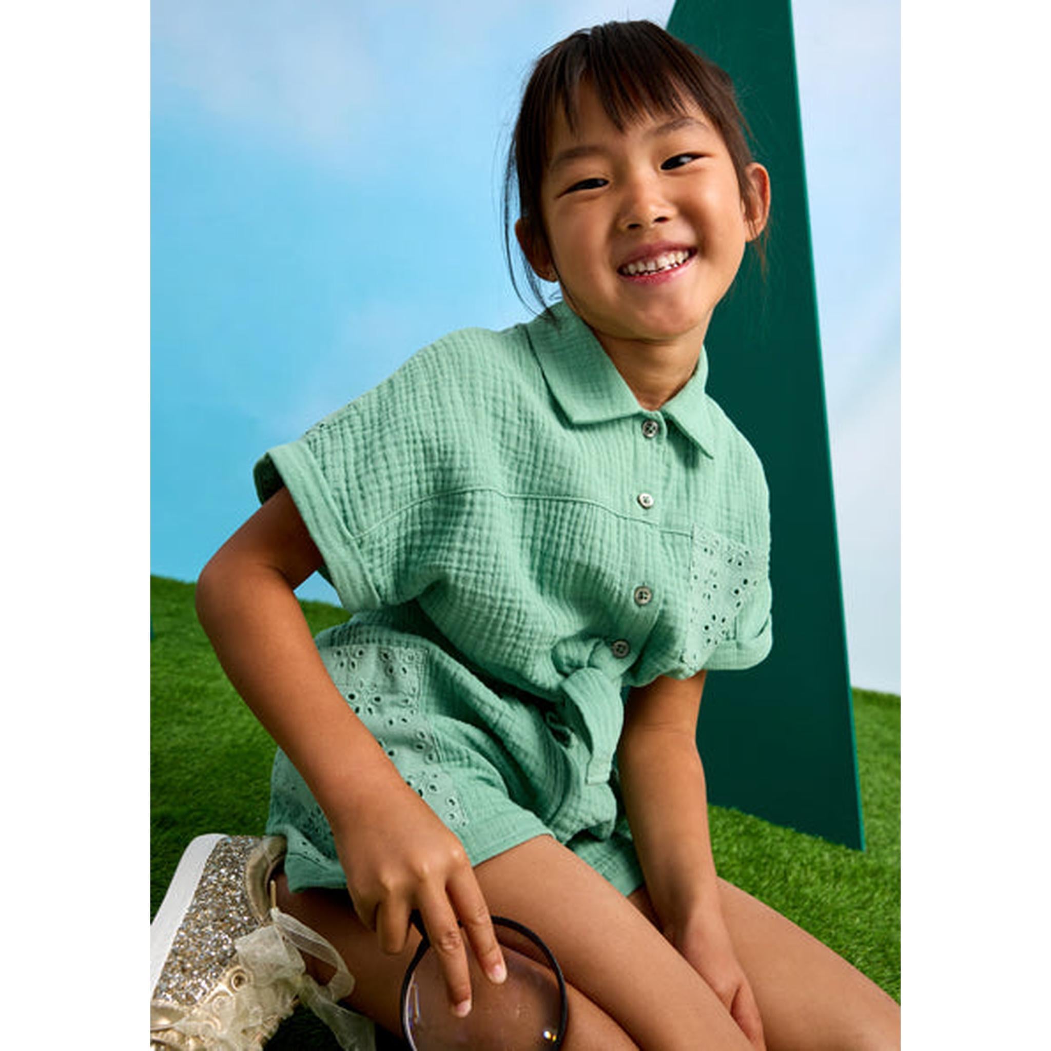 Girl Eyelet Shorts and Blouse Set - Mint