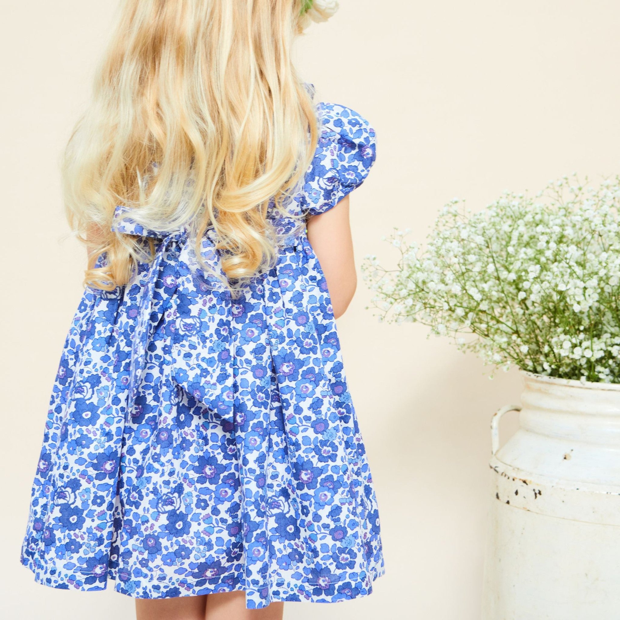 KATHERINE JOHNSON DRESS LIBERTY BETSY BLUE WITH LIGHTENING HAND SMOCKING