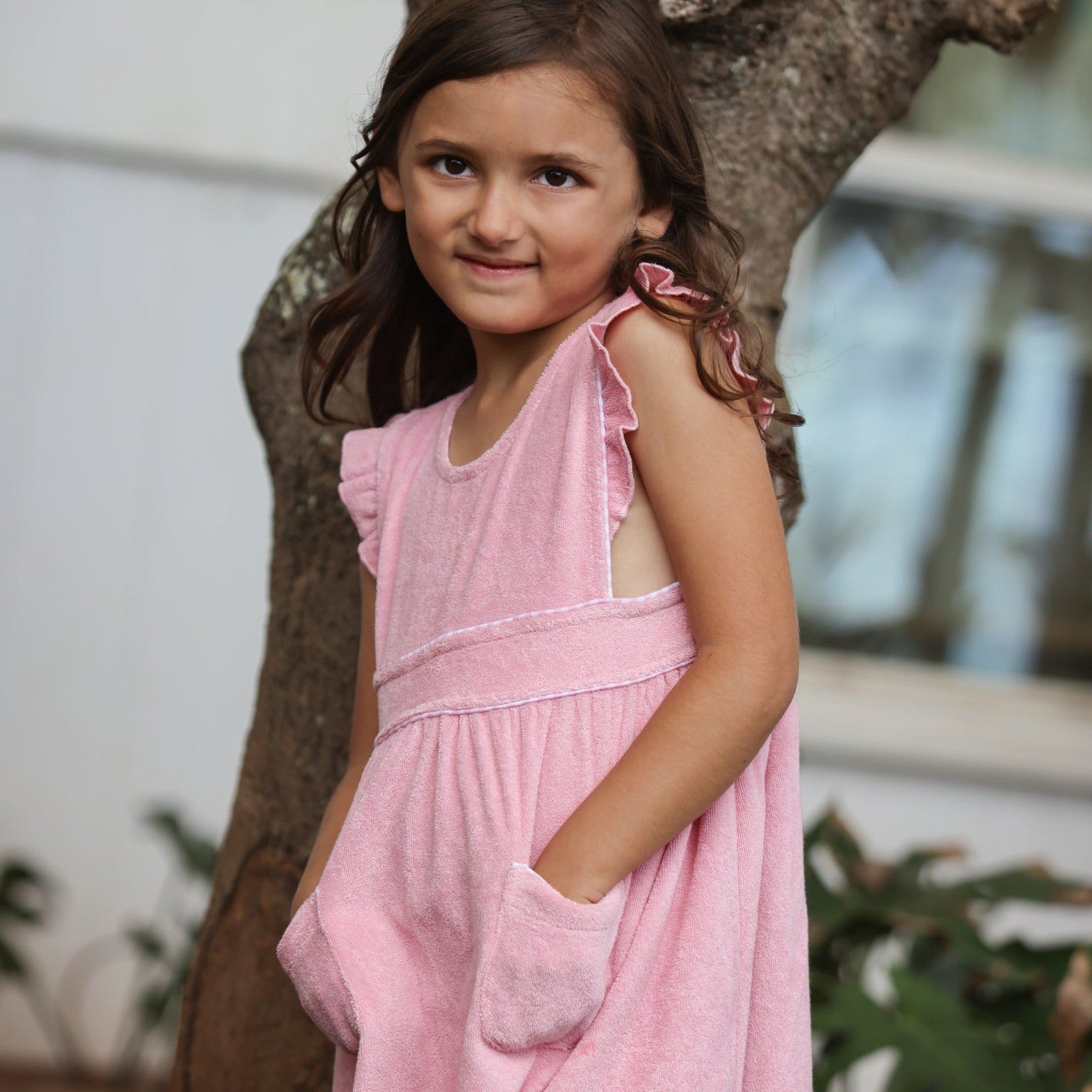 girls pink guava french terry ruffle sleeve pinafore dress