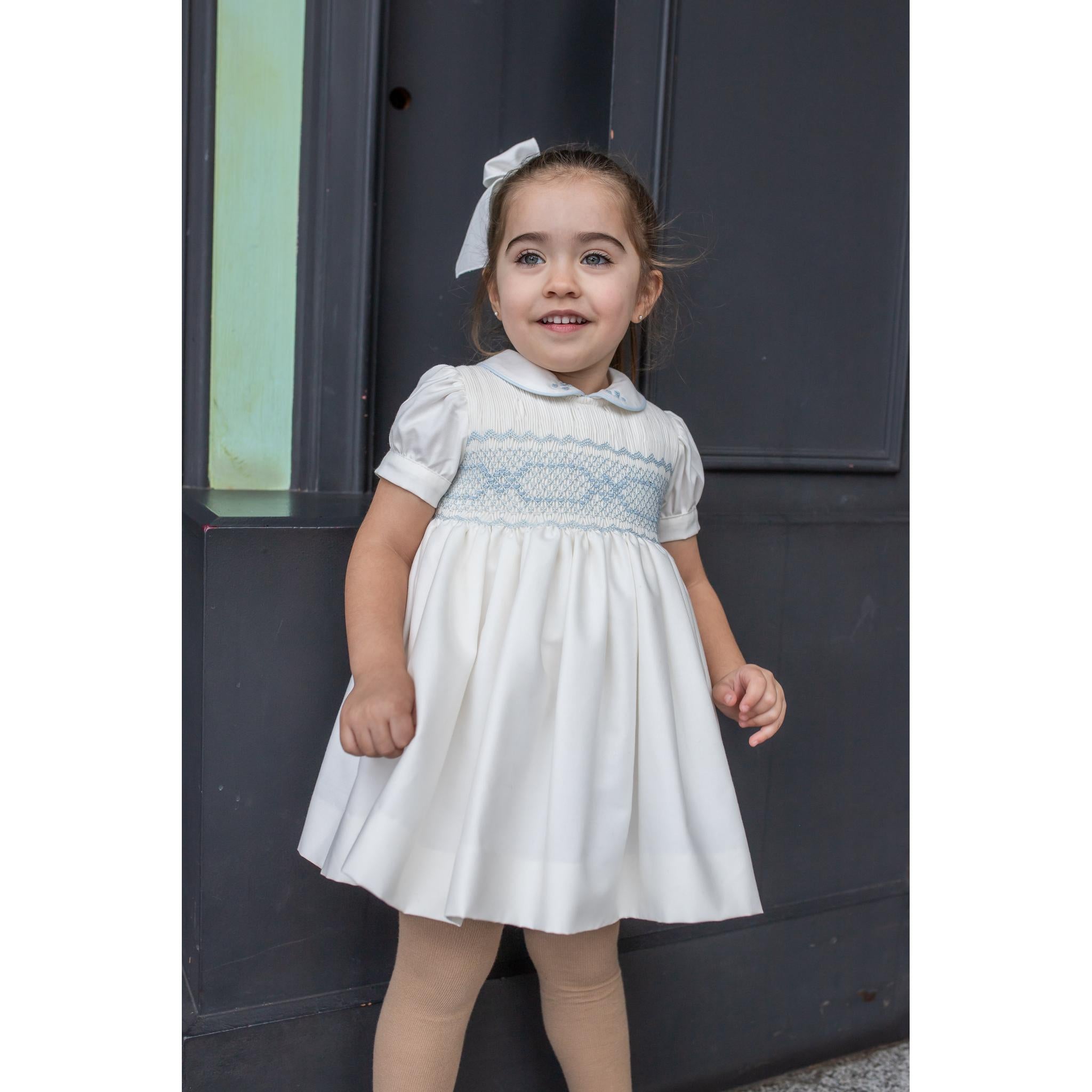 Beige Blue Smocked Dress