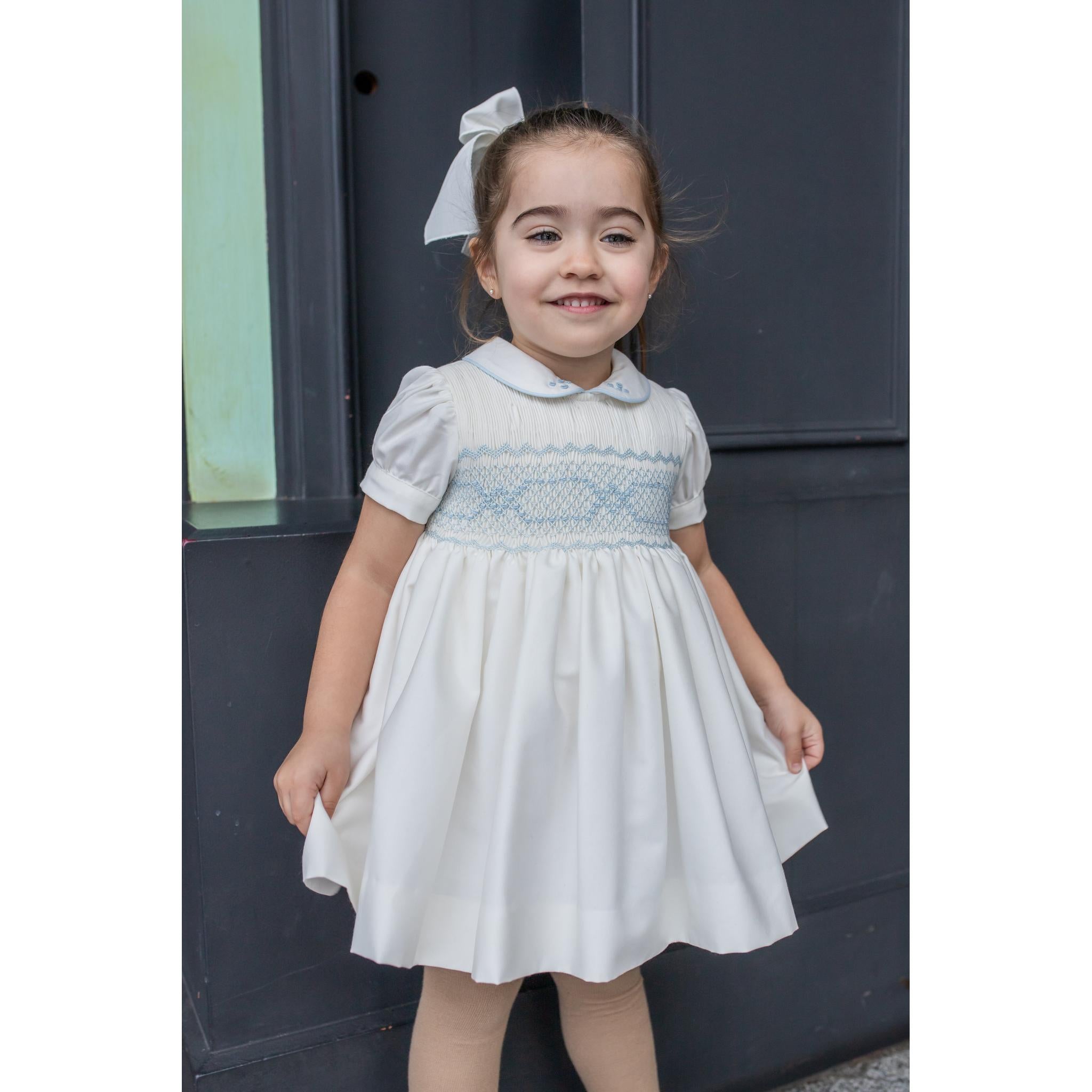 Beige Blue Smocked Dress