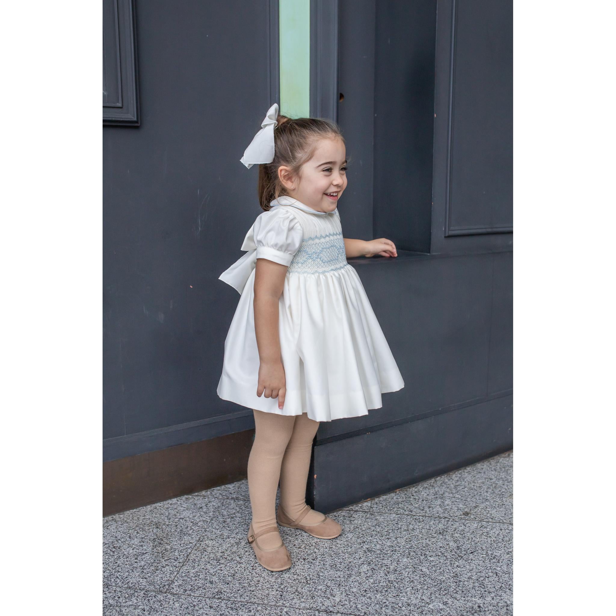 Beige Blue Smocked Dress