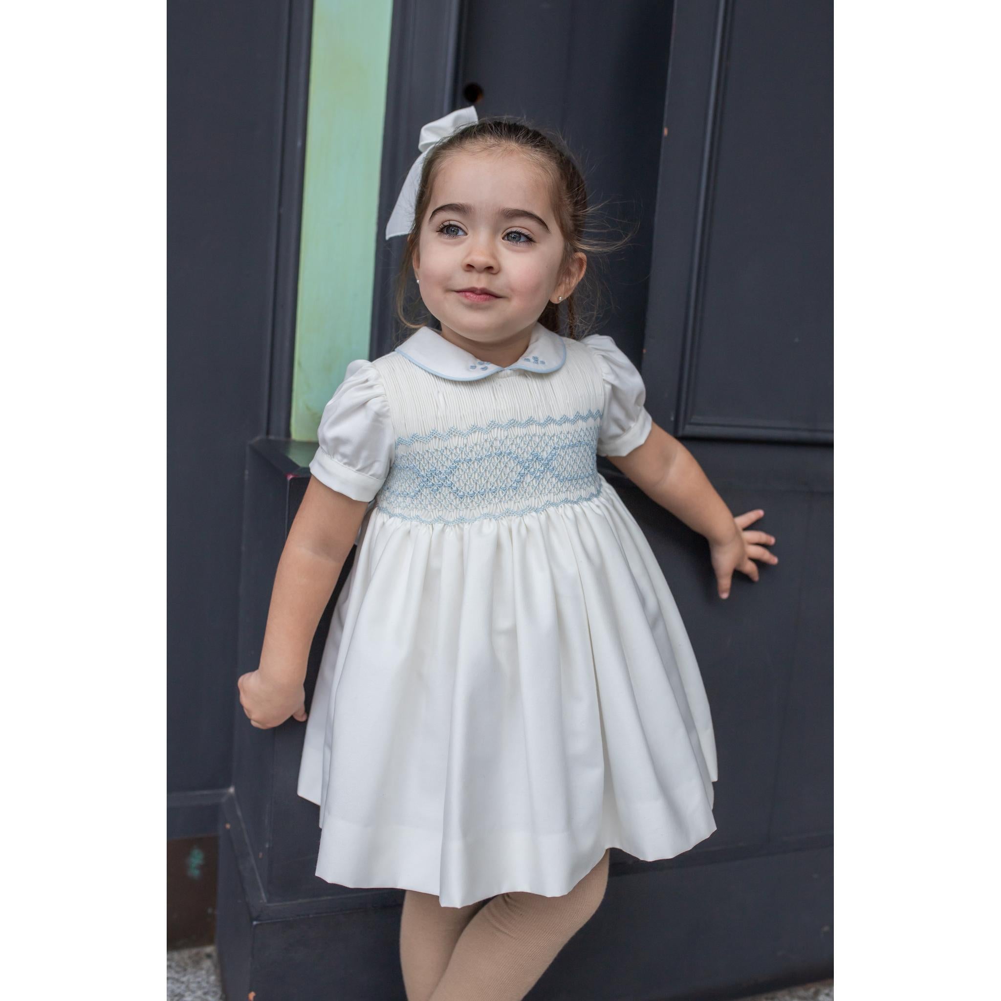 Beige Blue Smocked Dress