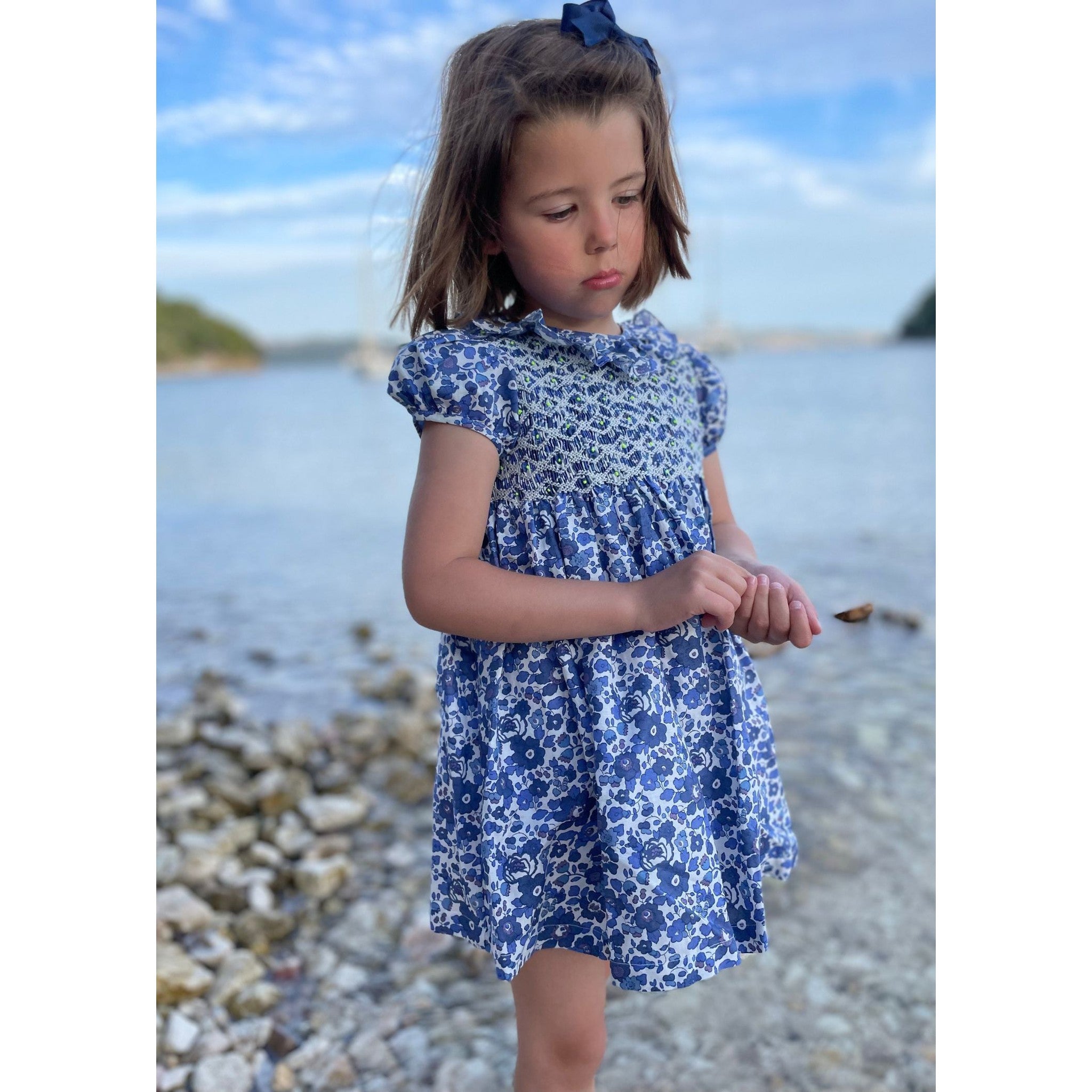 KATHERINE JOHNSON DRESS LIBERTY BETSY BLUE WITH LIGHTENING HAND SMOCKING