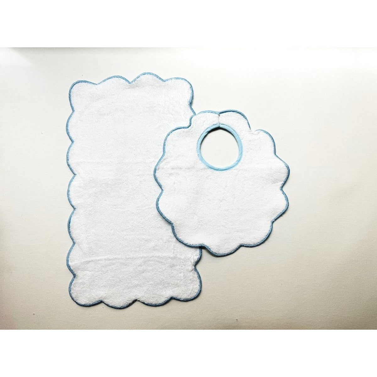 Bib & Burp Set - blue solid scalloped edge