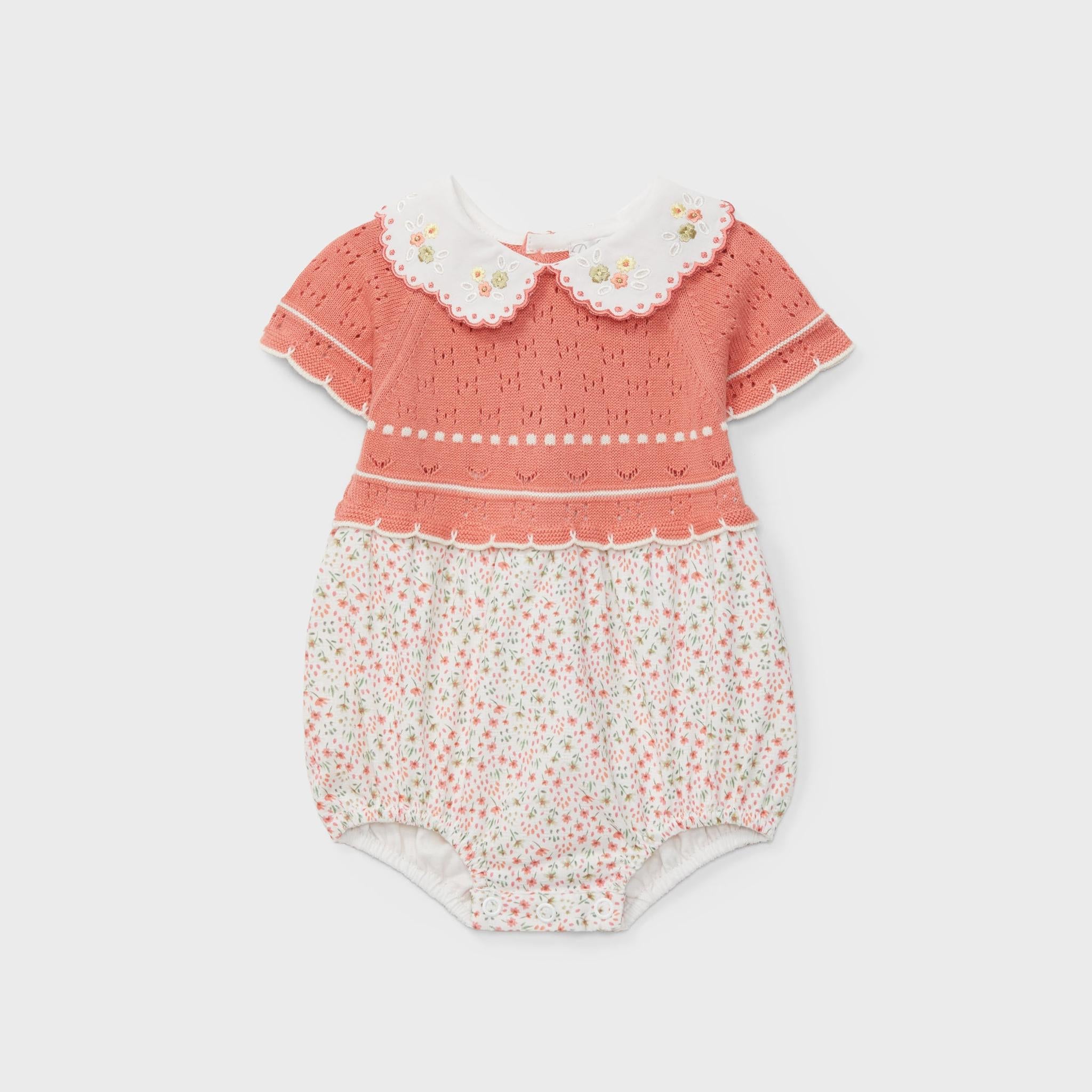 Embroidered Coral Romper