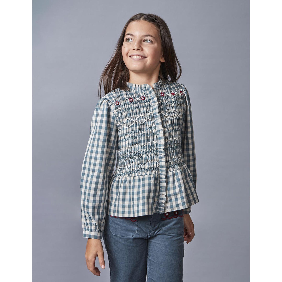 Camisa de cuadros con fruncido en el delantero verde