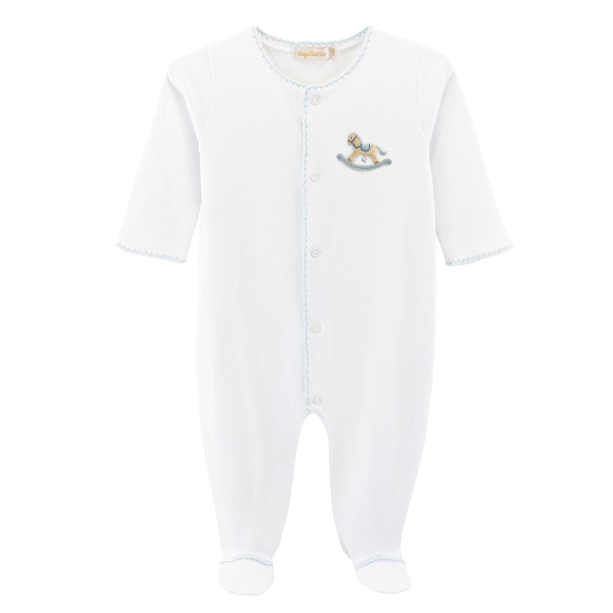 cute rocking horse - blue footie w/crochet trim