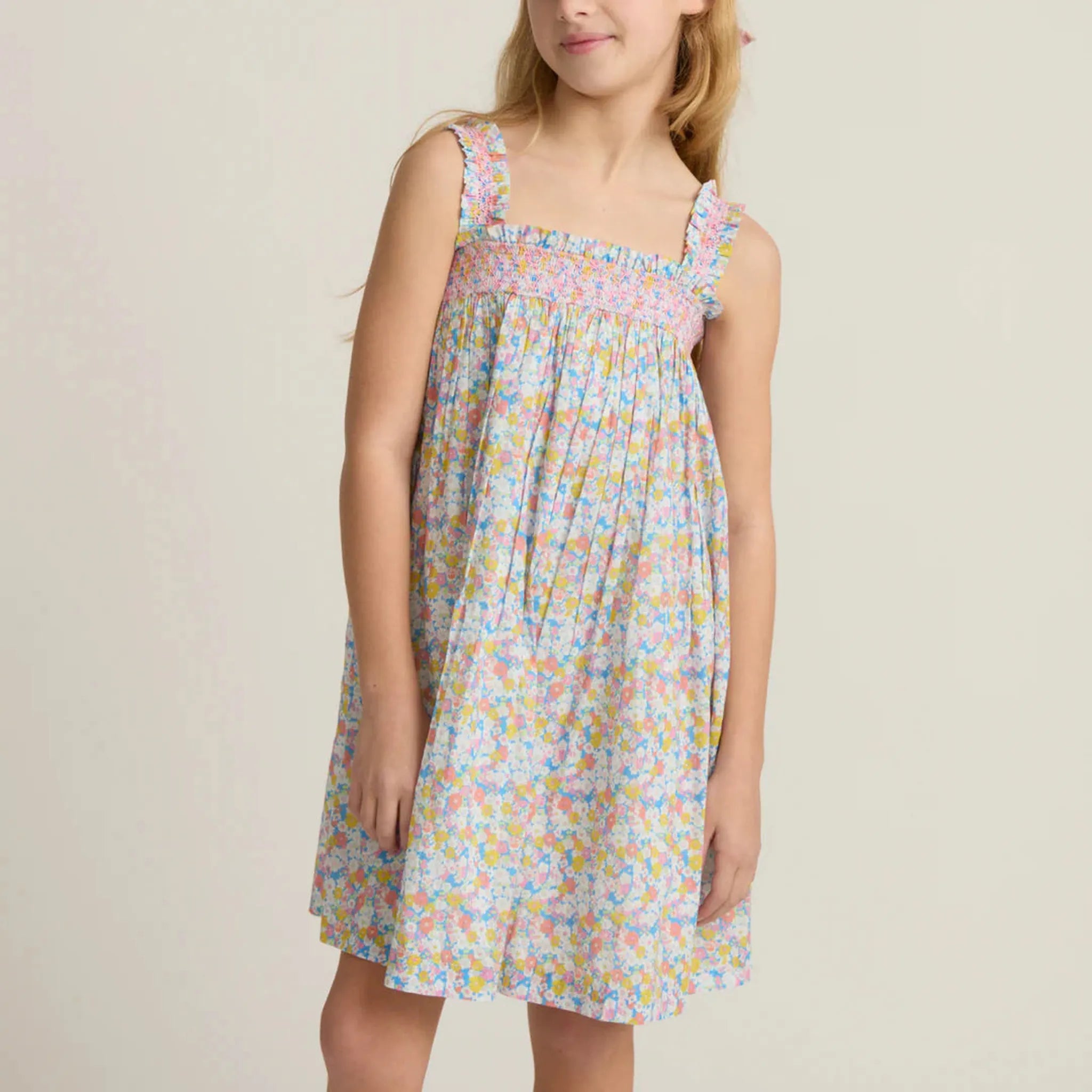 girls jasmine blossom smocked ruffle strap dress