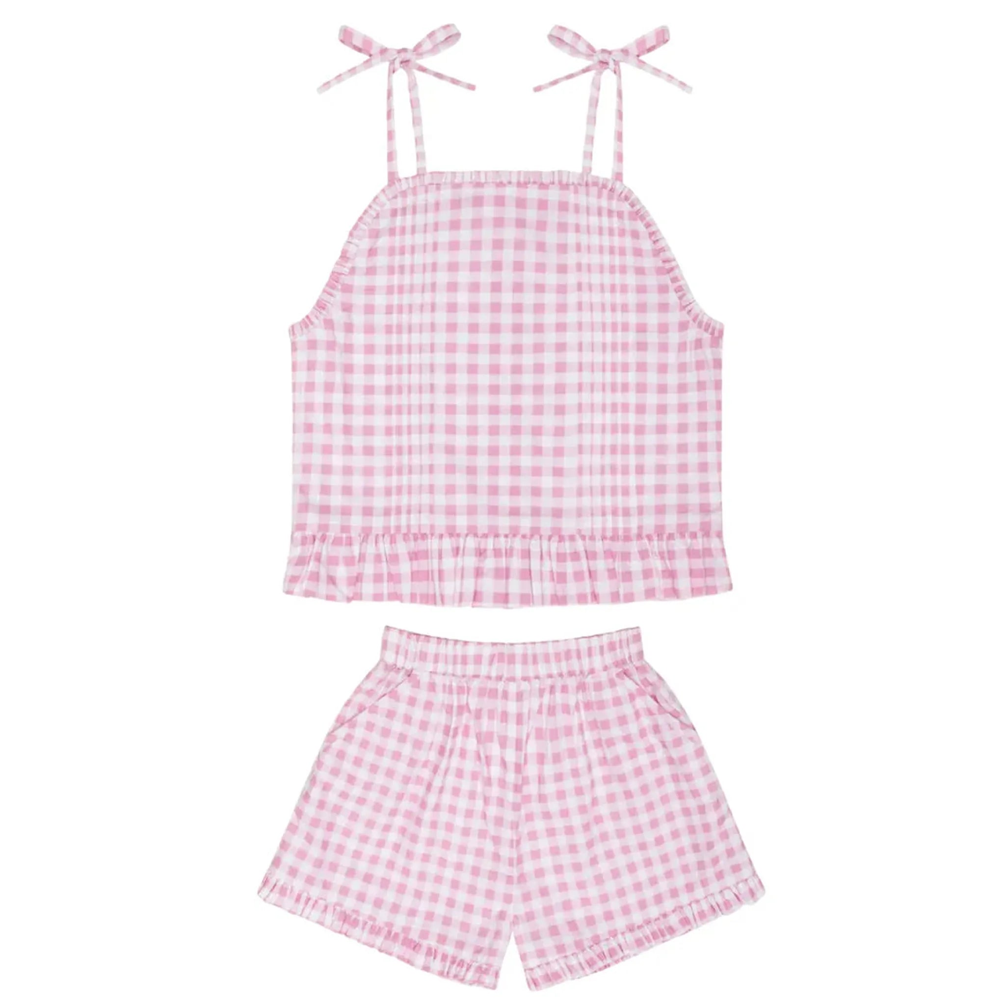 girls blush gingham tie tank and short set