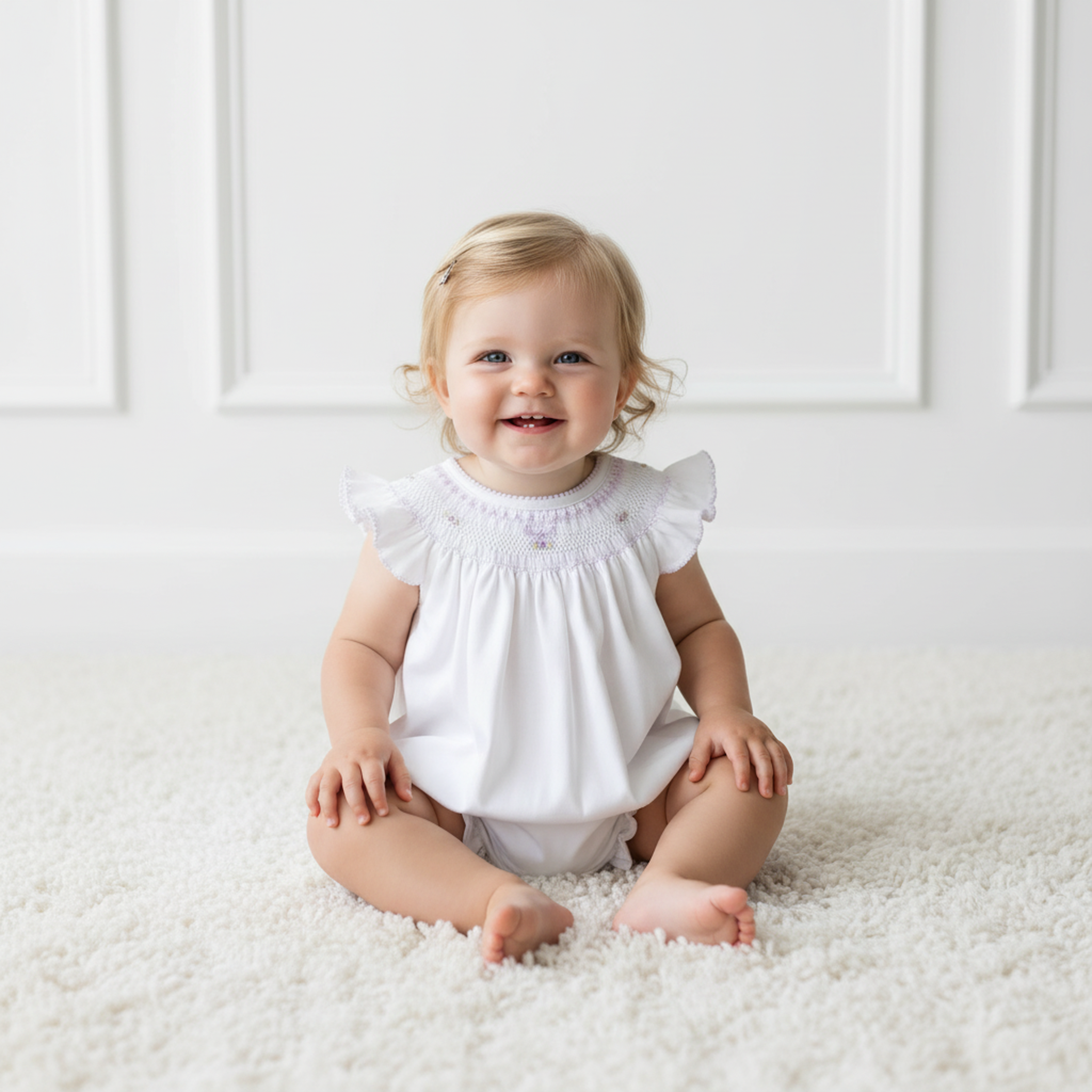 White hand smocked bishop bubble