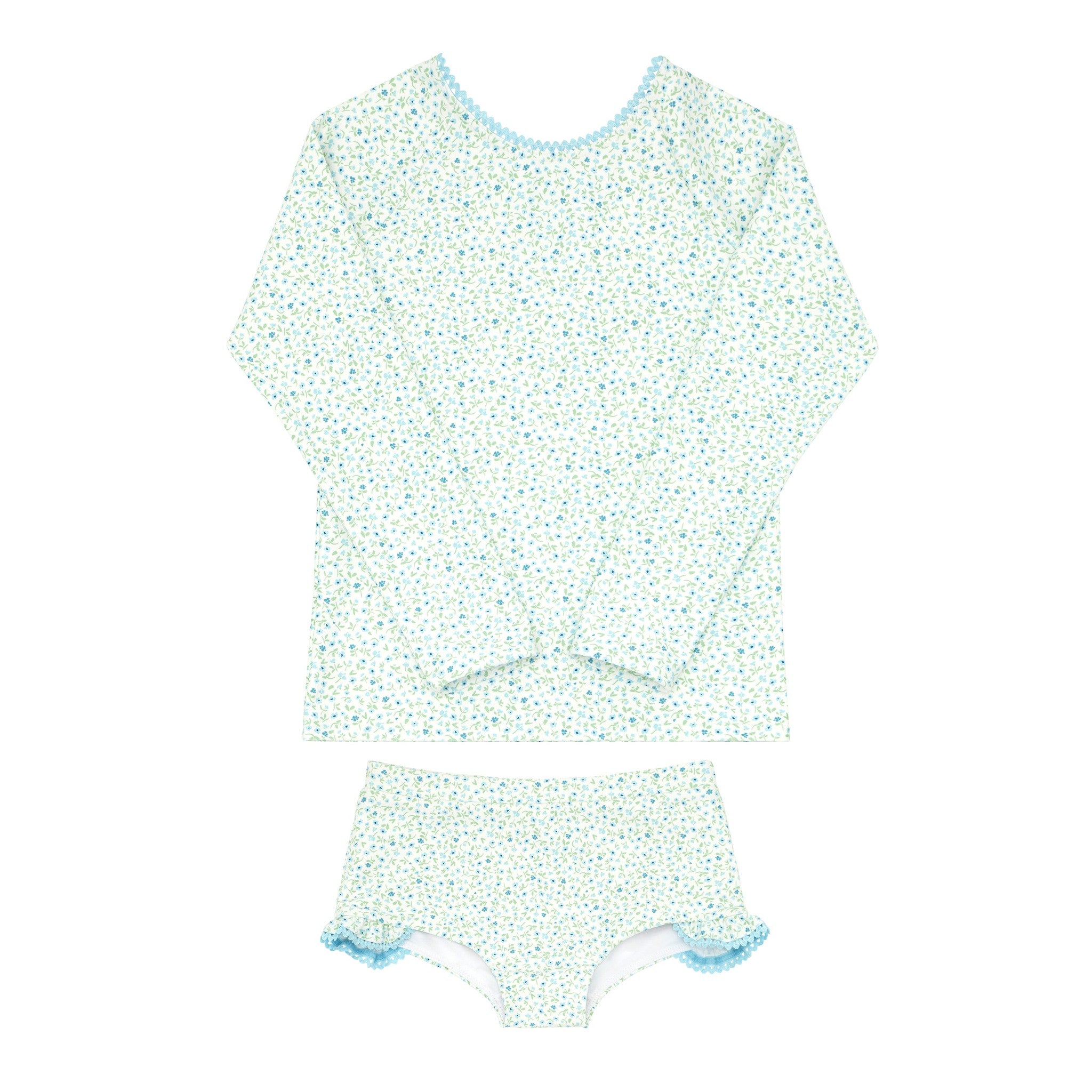 girls hibiscus ditsy rashguard set with ruffle edge swimshorts