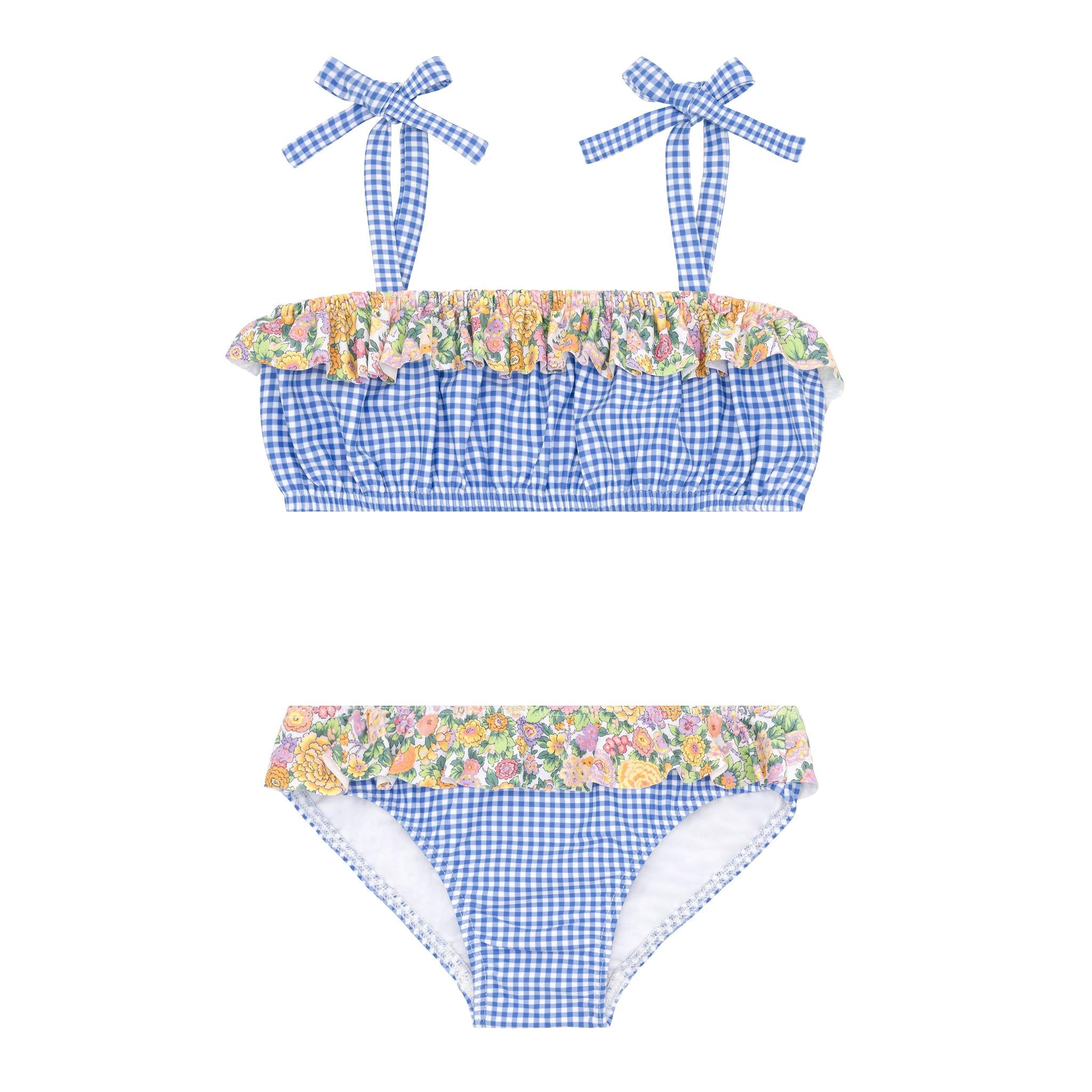 sky blue gingham bandeau tie strap bikini