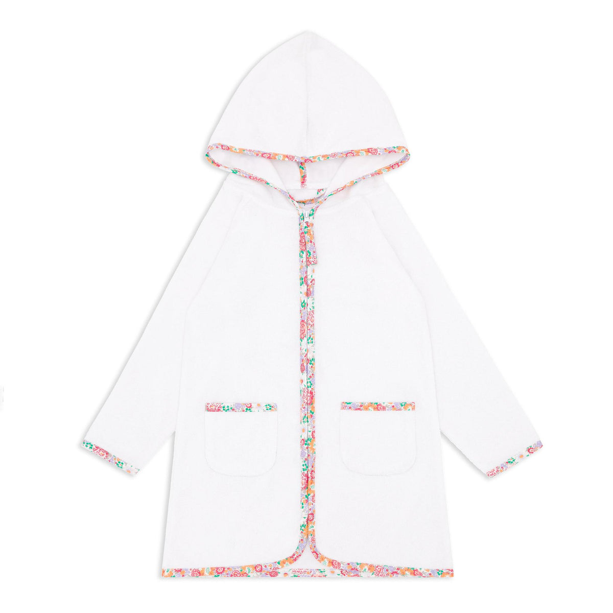 white french terry hooded zipper coverup with island blossom trim
