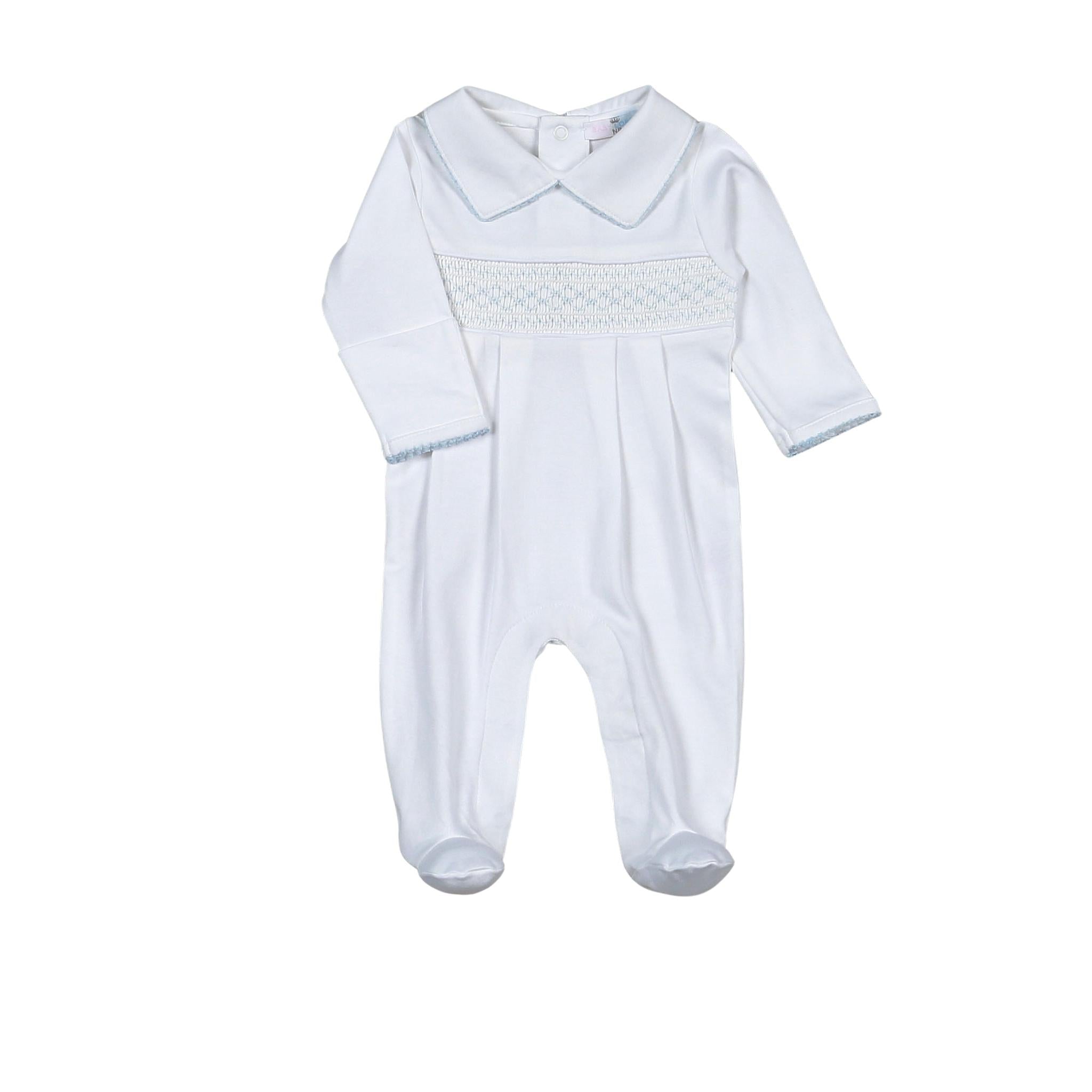 Tim White/Blue Hand Smocked Pima Footie