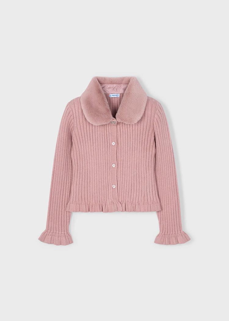 Girl Cardigan with Faux Fur Collar