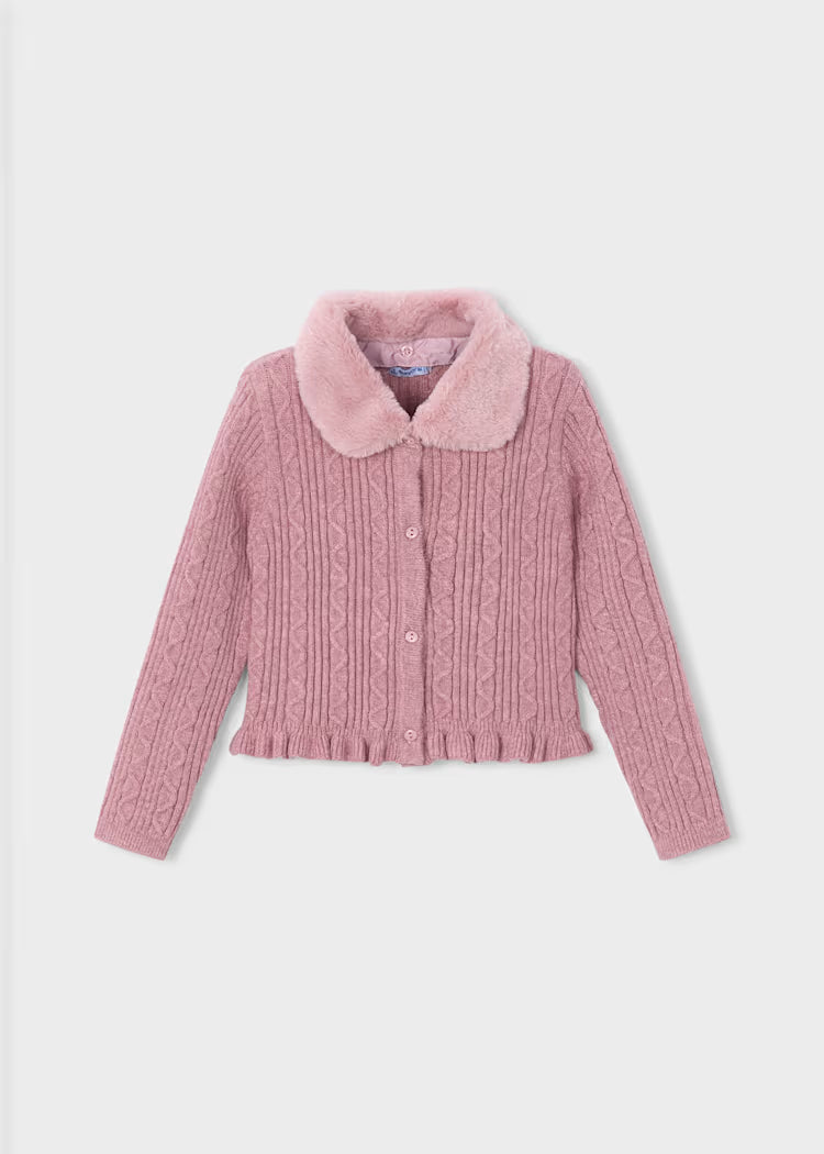 Girl Knit Cardigan With Faux Fur Collar