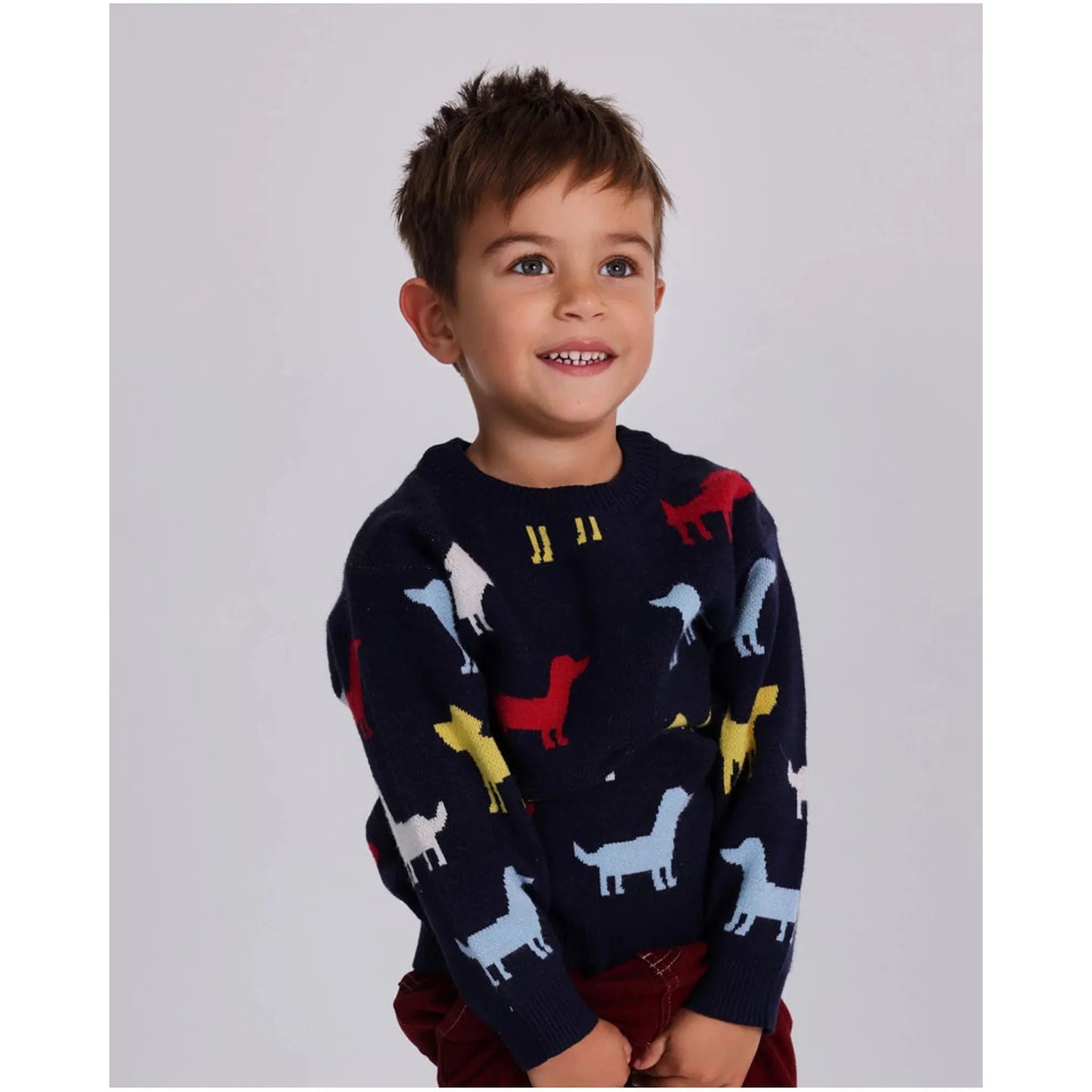 Jersey de punto para niño en azul marino con siluetas de perros coloridas