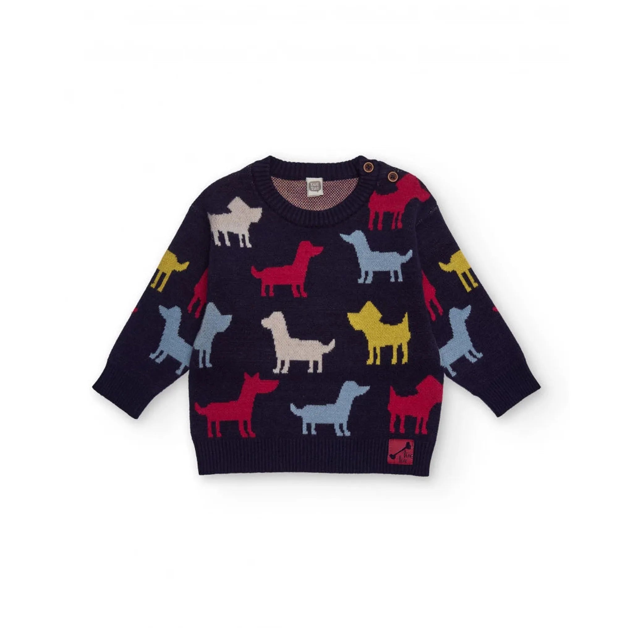 Jersey de punto para niño en azul marino con siluetas de perros coloridas