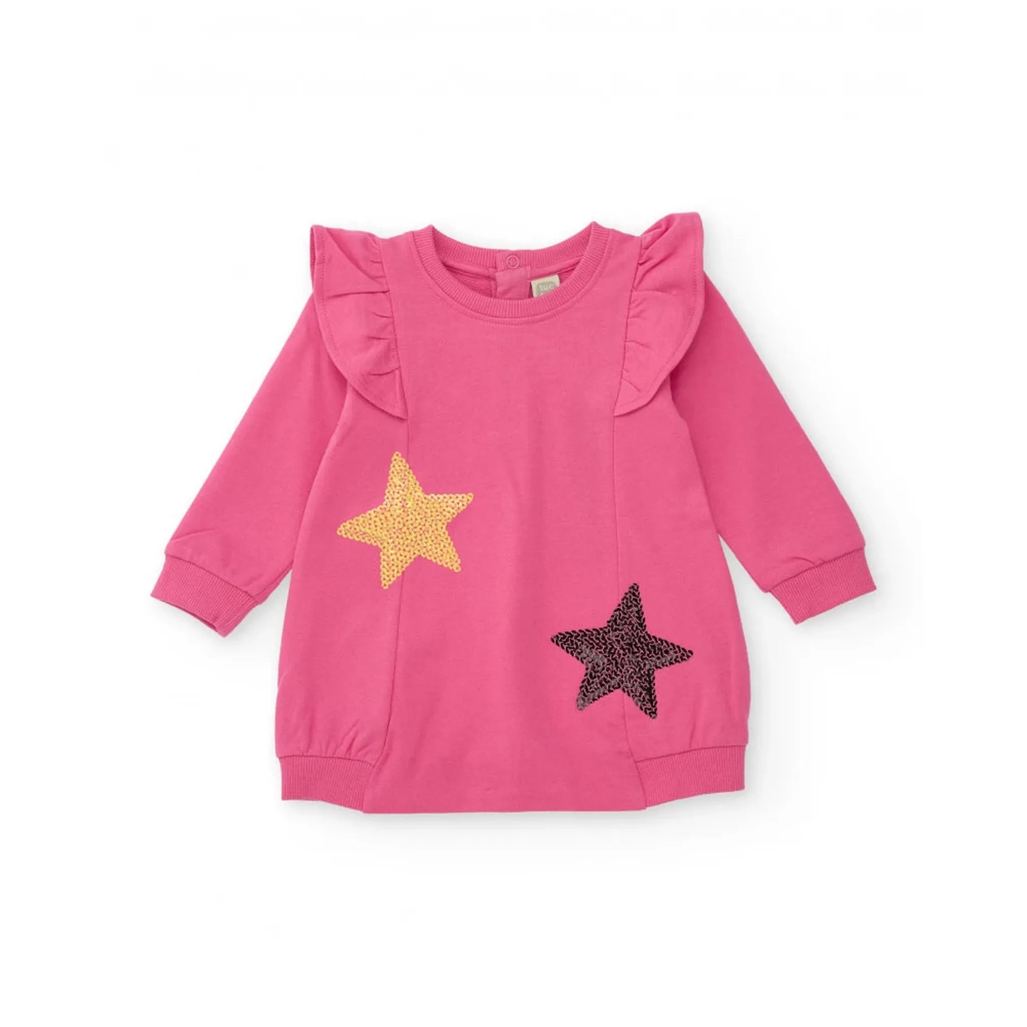 Vestido de punto para niña en color rosa con aplicaciones de estrellas