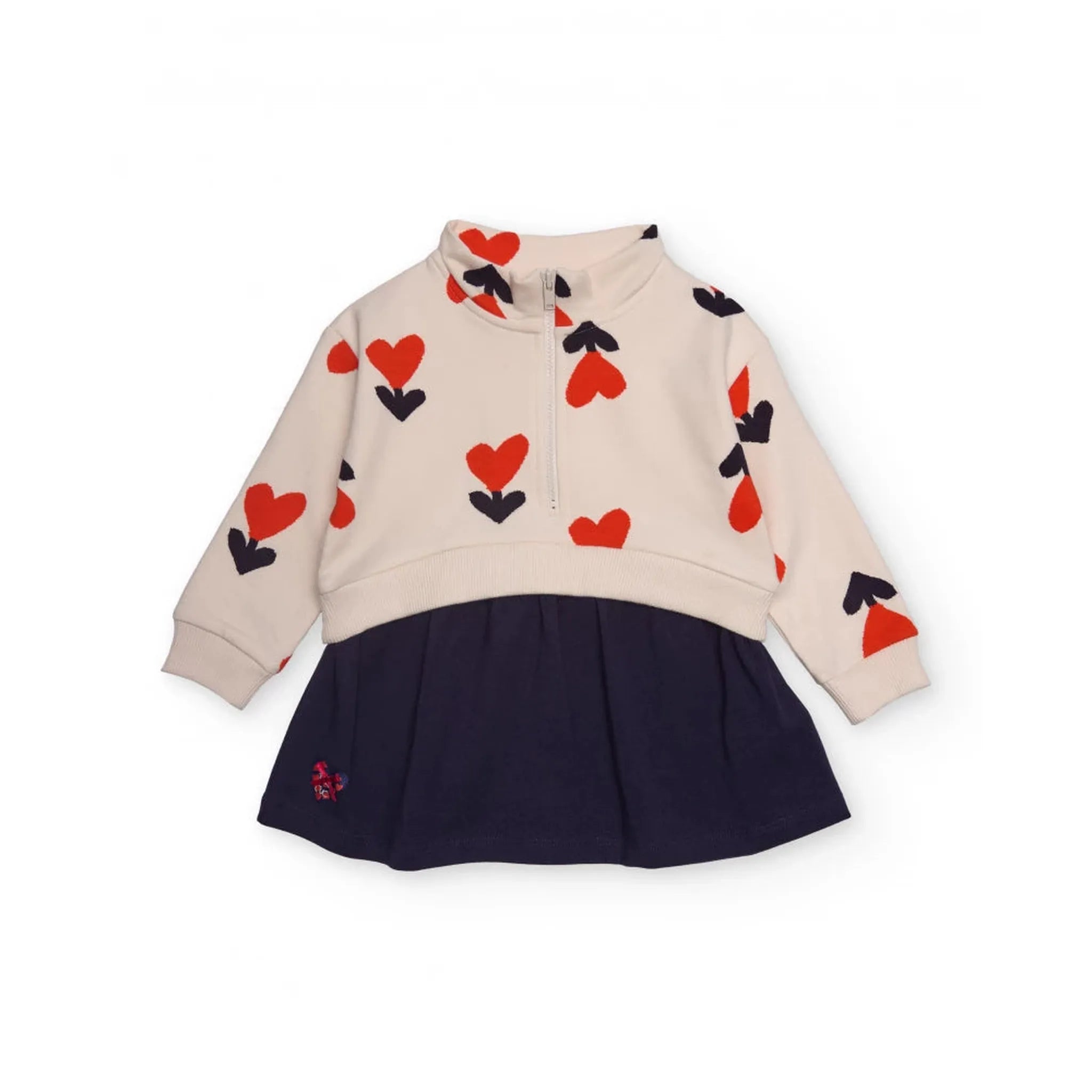 Vestido para niña en crudo y azul marino con corazones y cremallera
