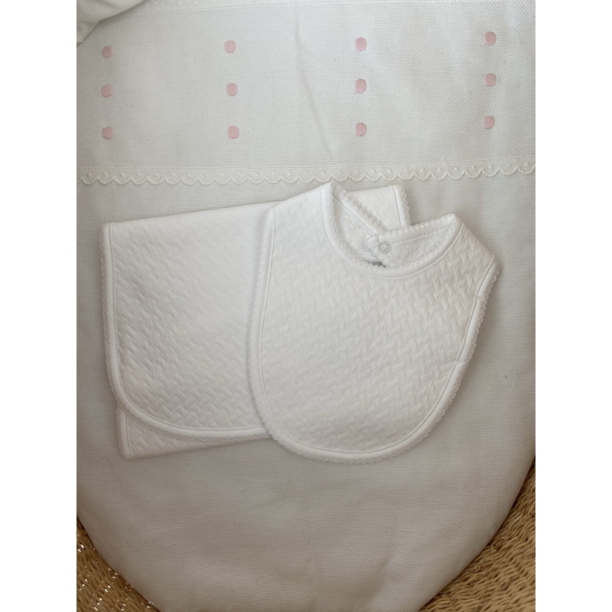 White Basket Burp & Bib Set - White Trim