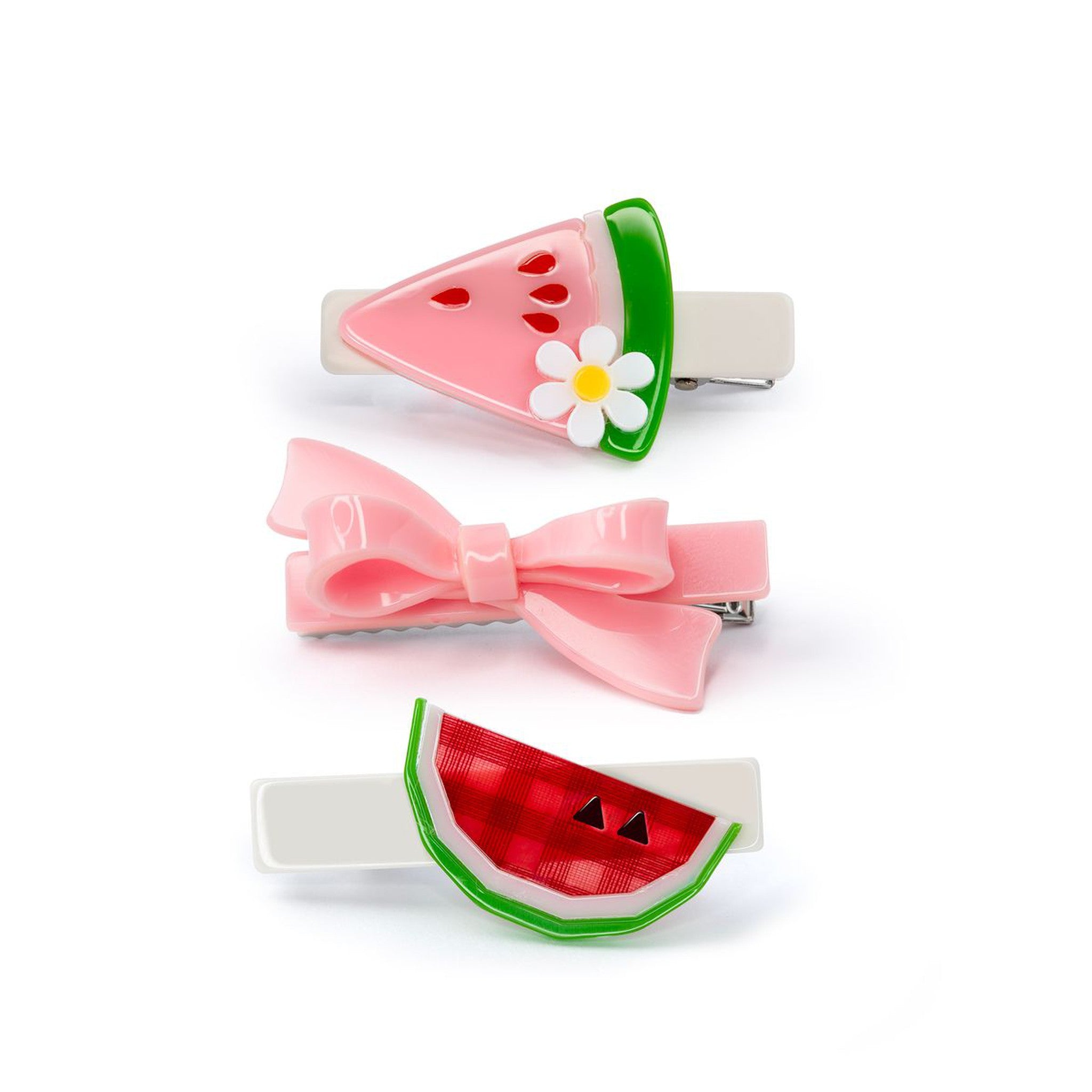 Pink Bow and Watermelon Trio Hair Clip Set