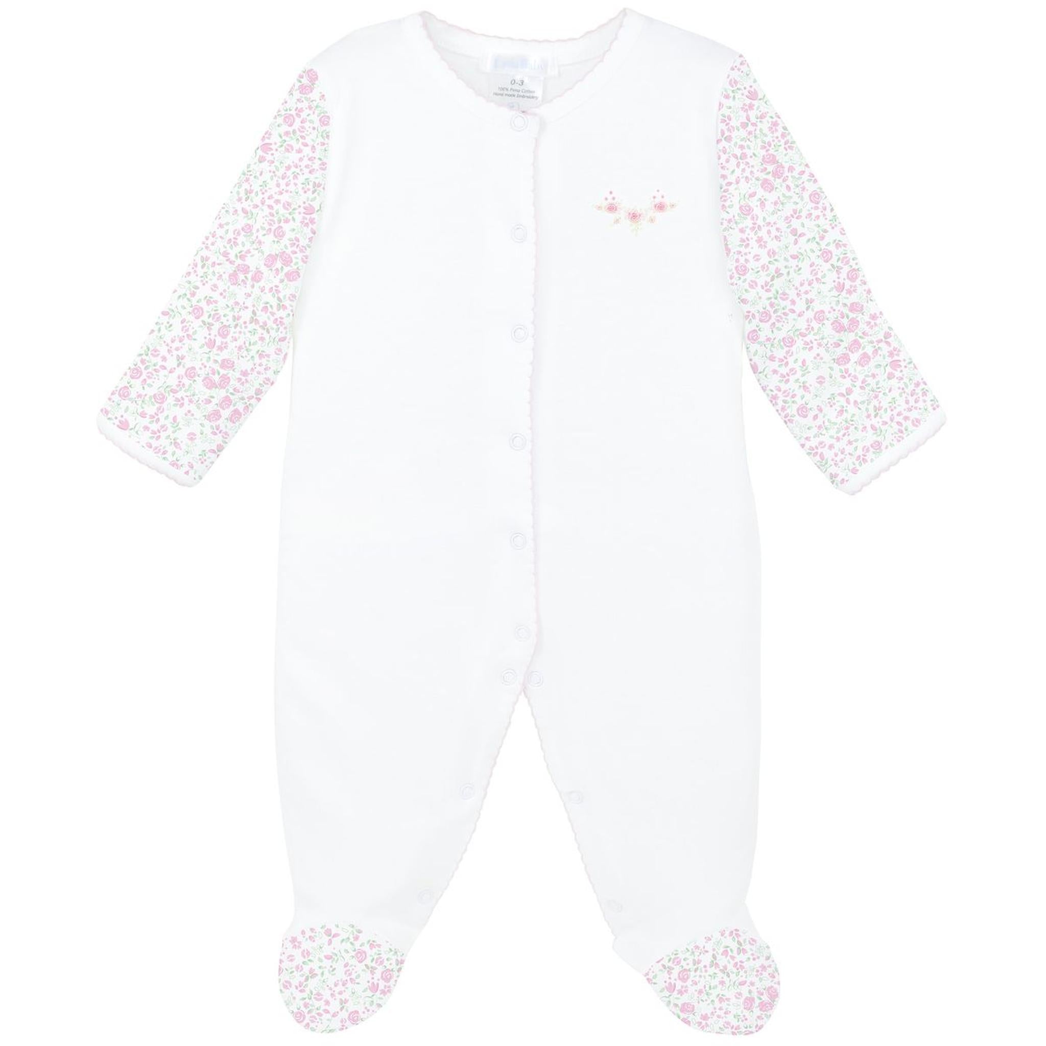 Pink Roses Garden Embroidered Print Pima Footie