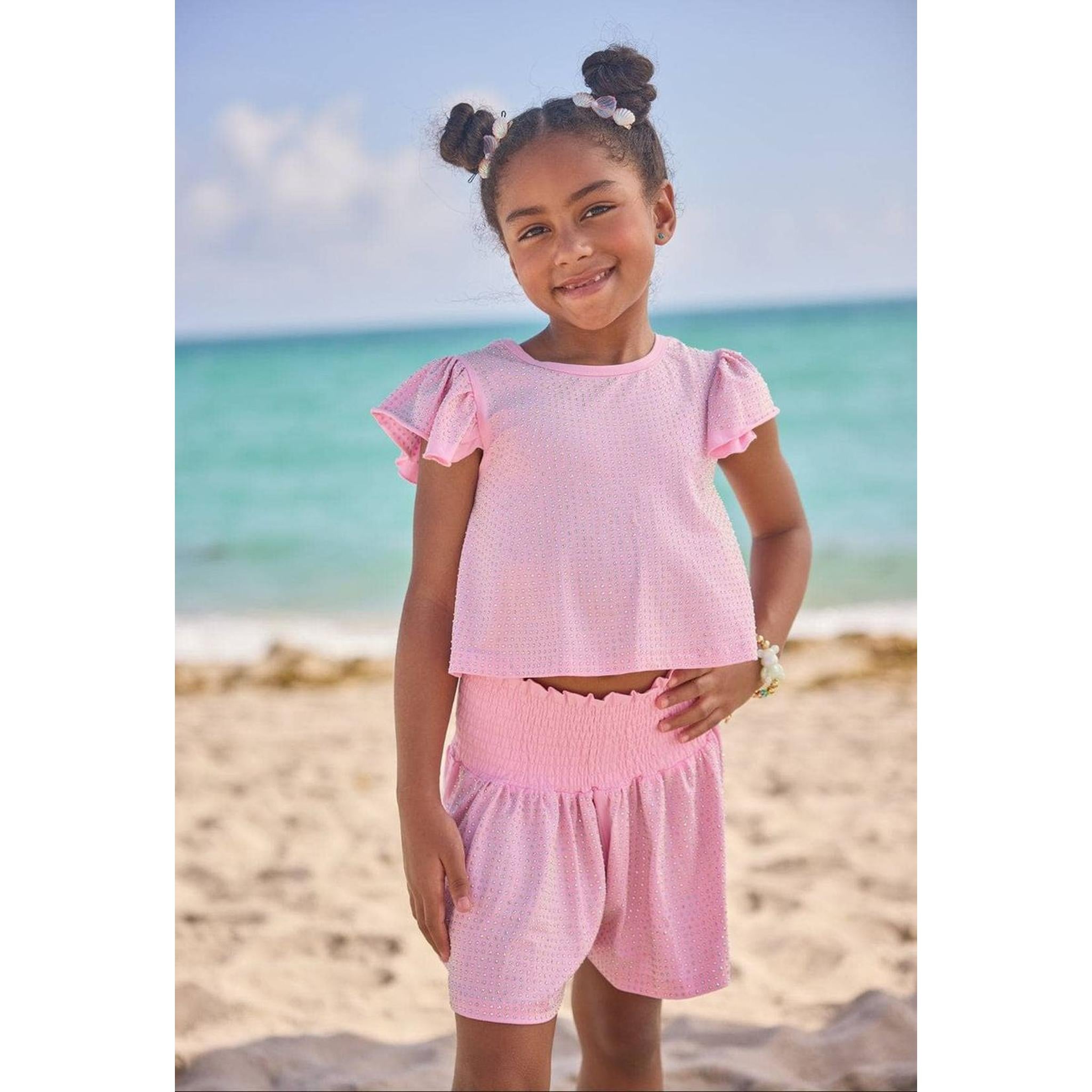Pink Crystal Ruffle Short Set