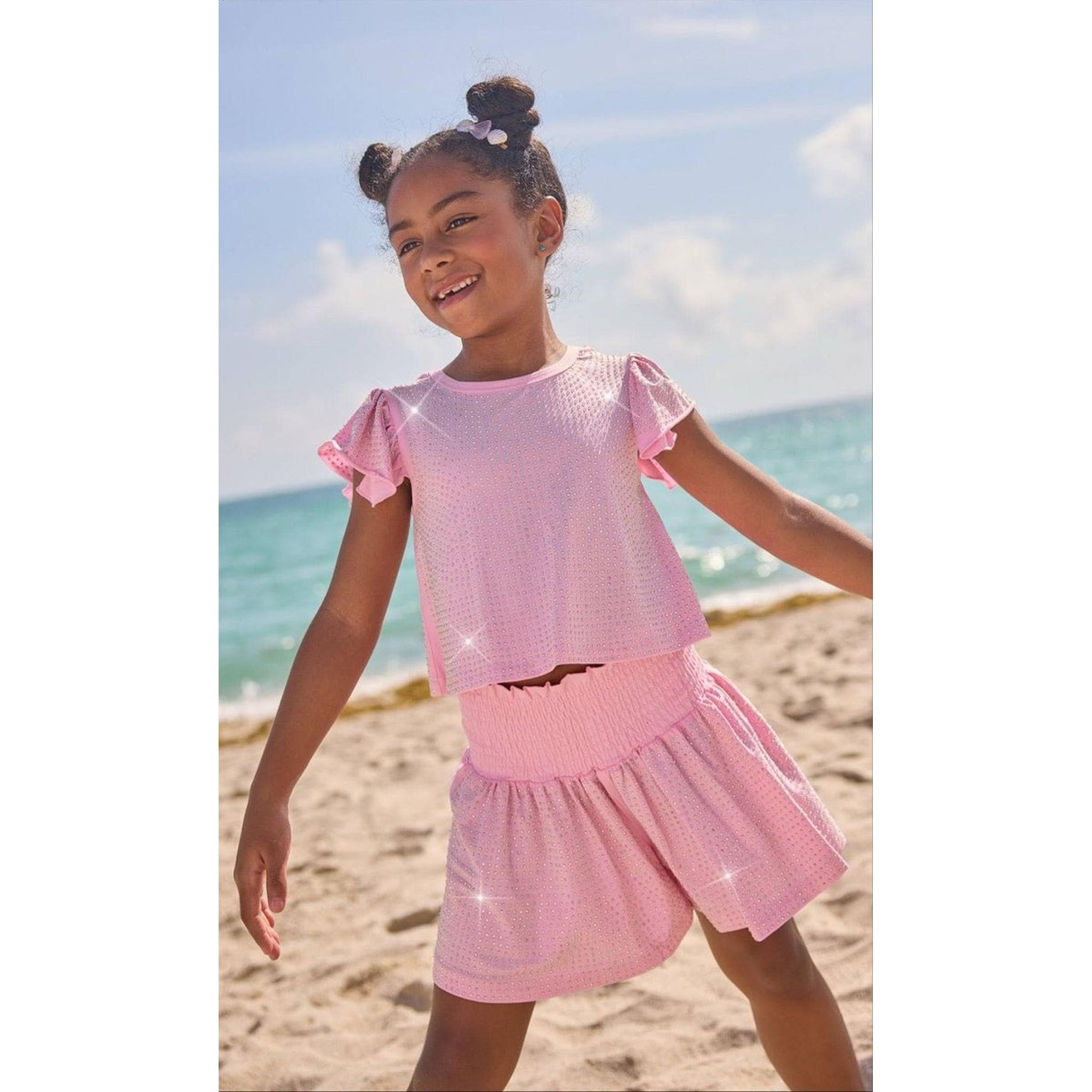 Pink Crystal Ruffle Short Set