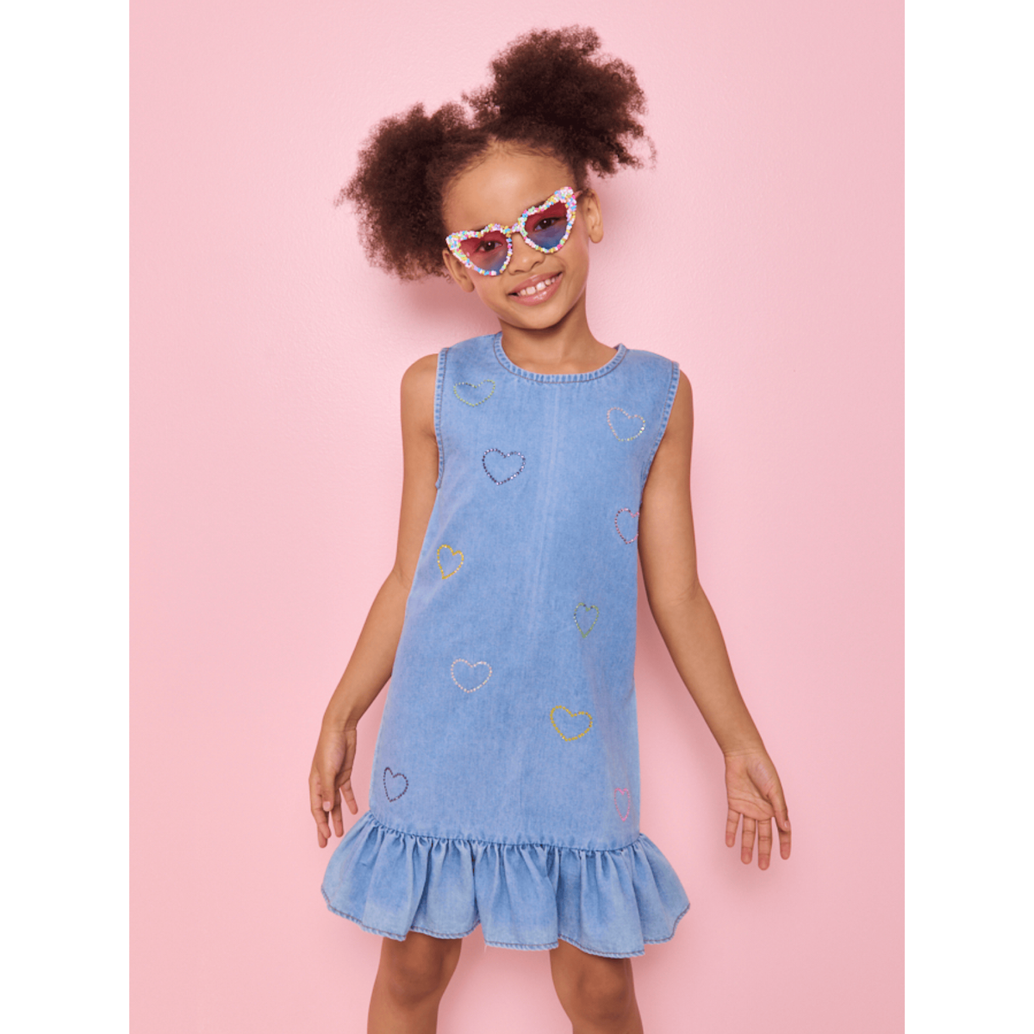 Crystal Rainbow Heart Denim Dress