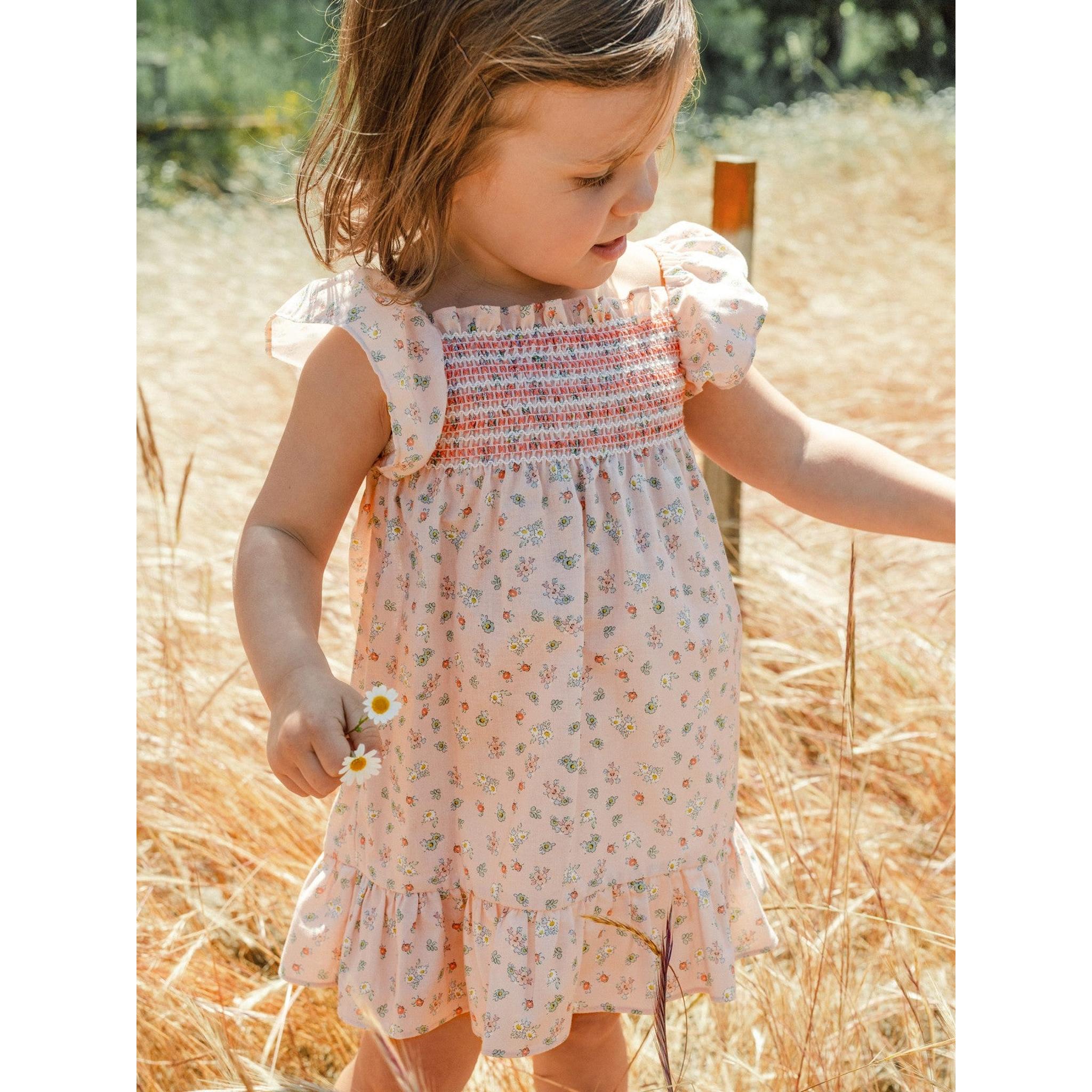 Floral print dress with smocking