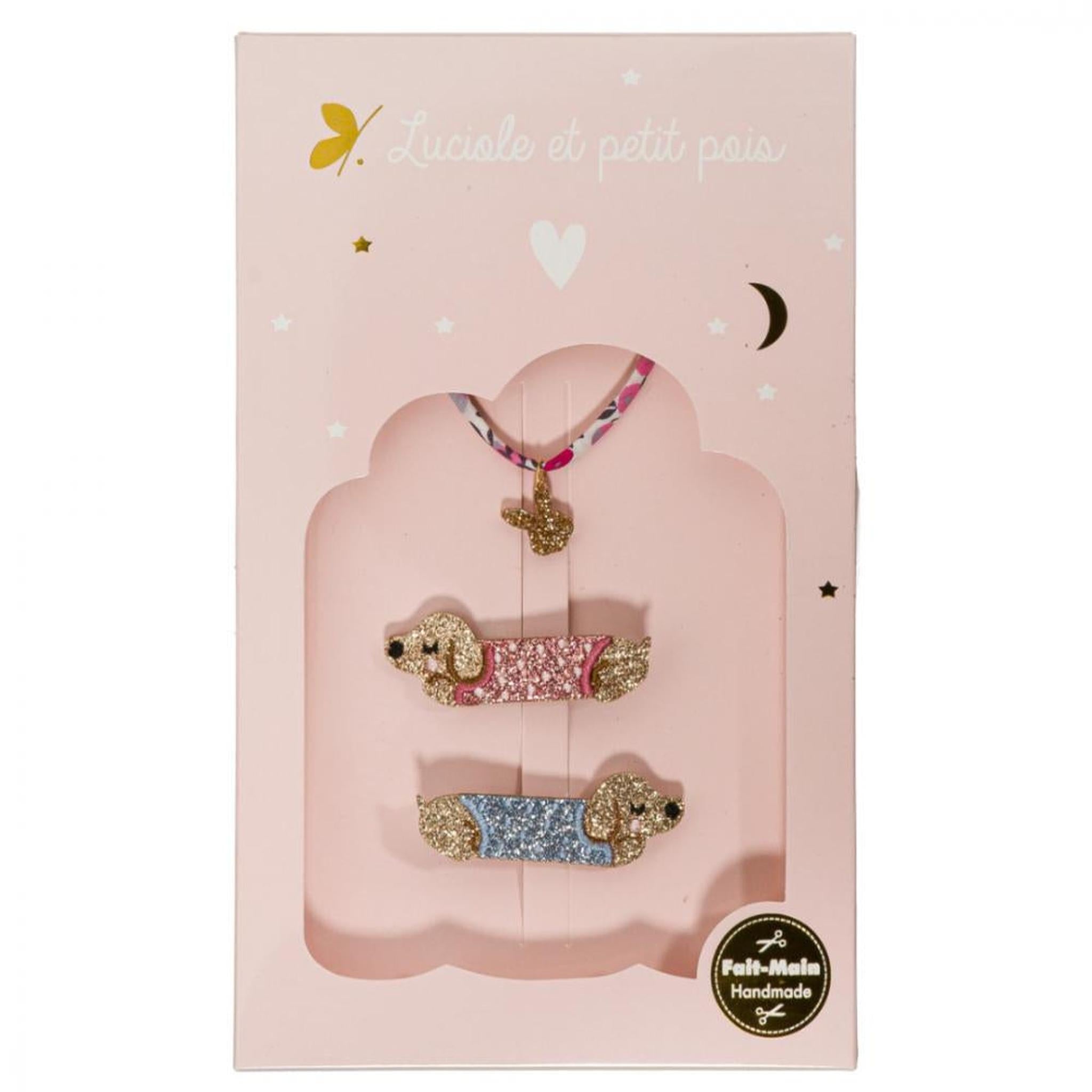 Dachshund love box - Dachshund hair clips & Wilt. Bougainvillé bracelet (rabbit)