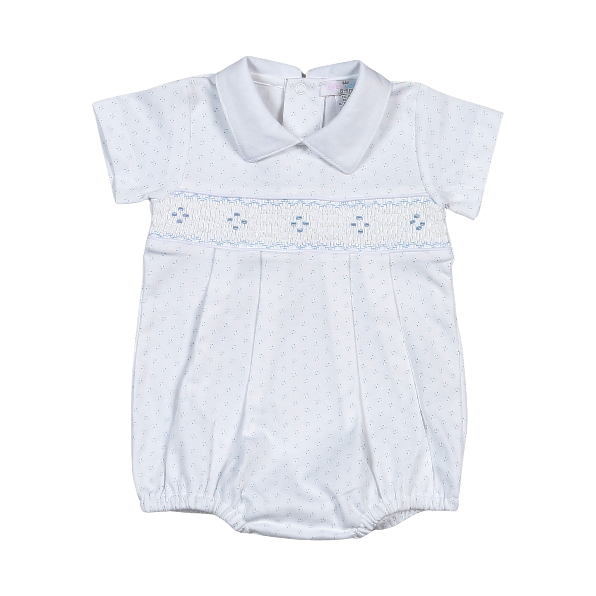 Tim Blue Dots Hand Smocked Pima Bubble