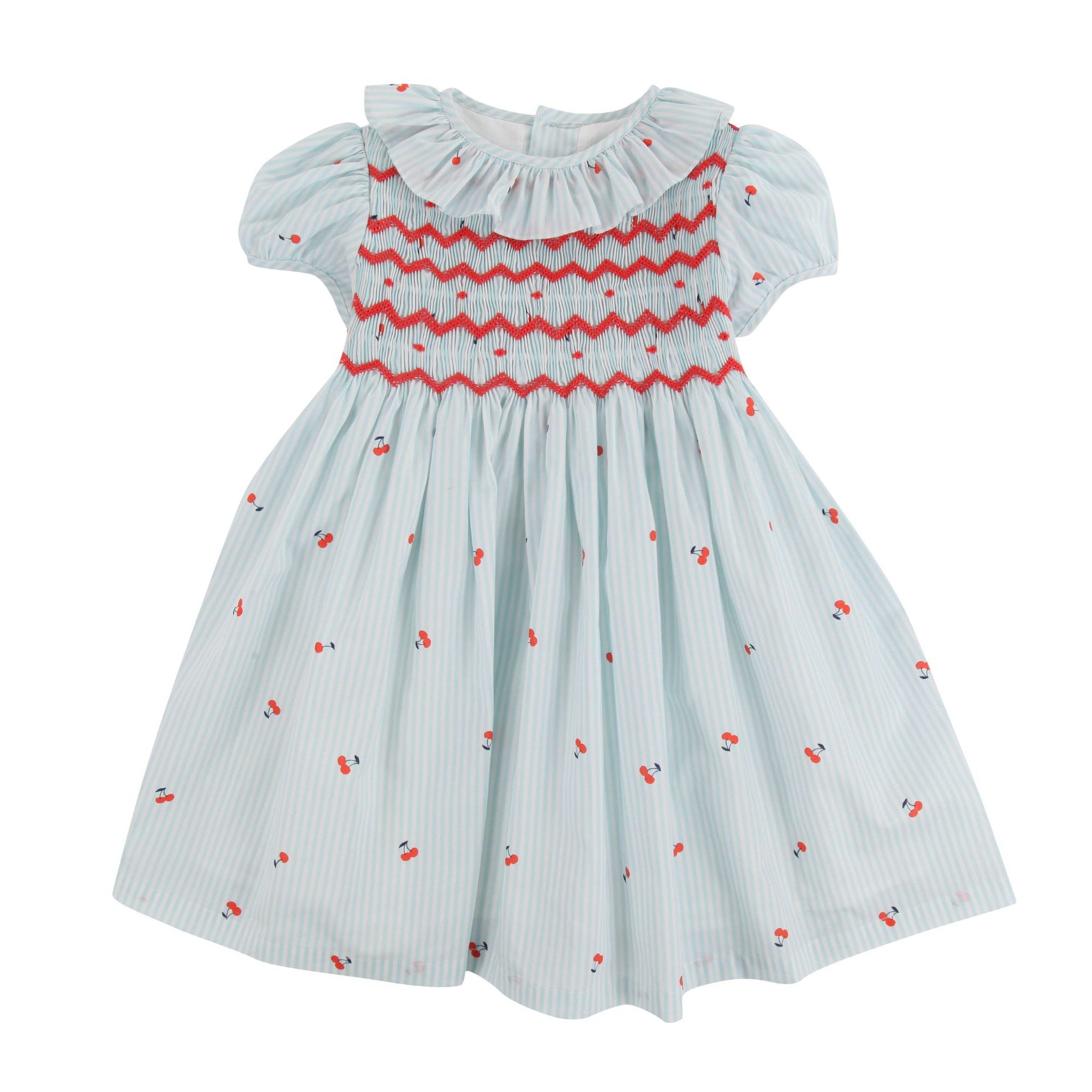 KATHERINE JOHNSON DRESS CHERRY STRIPES WITH MARASCHINO HAND SMOCKING