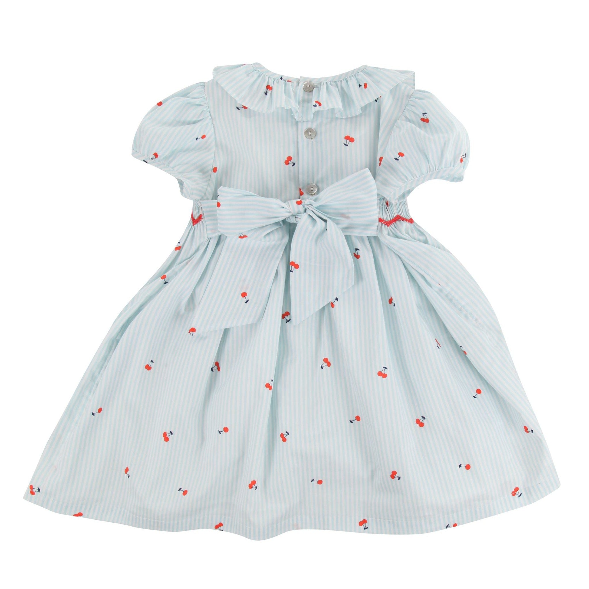 KATHERINE JOHNSON DRESS CHERRY STRIPES WITH MARASCHINO HAND SMOCKING
