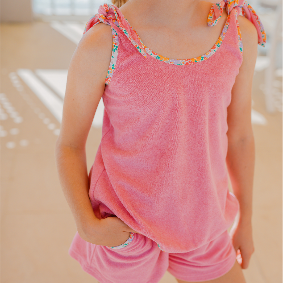 pink sands french terry tie-knot tank top set