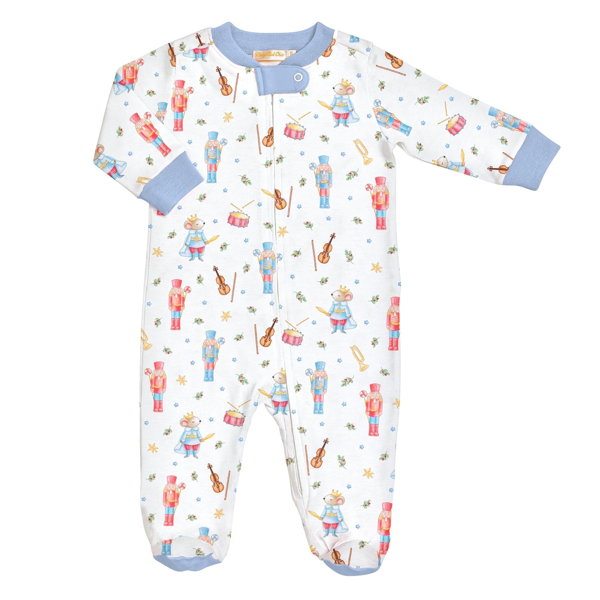 blue nutcracker printed zipped footie