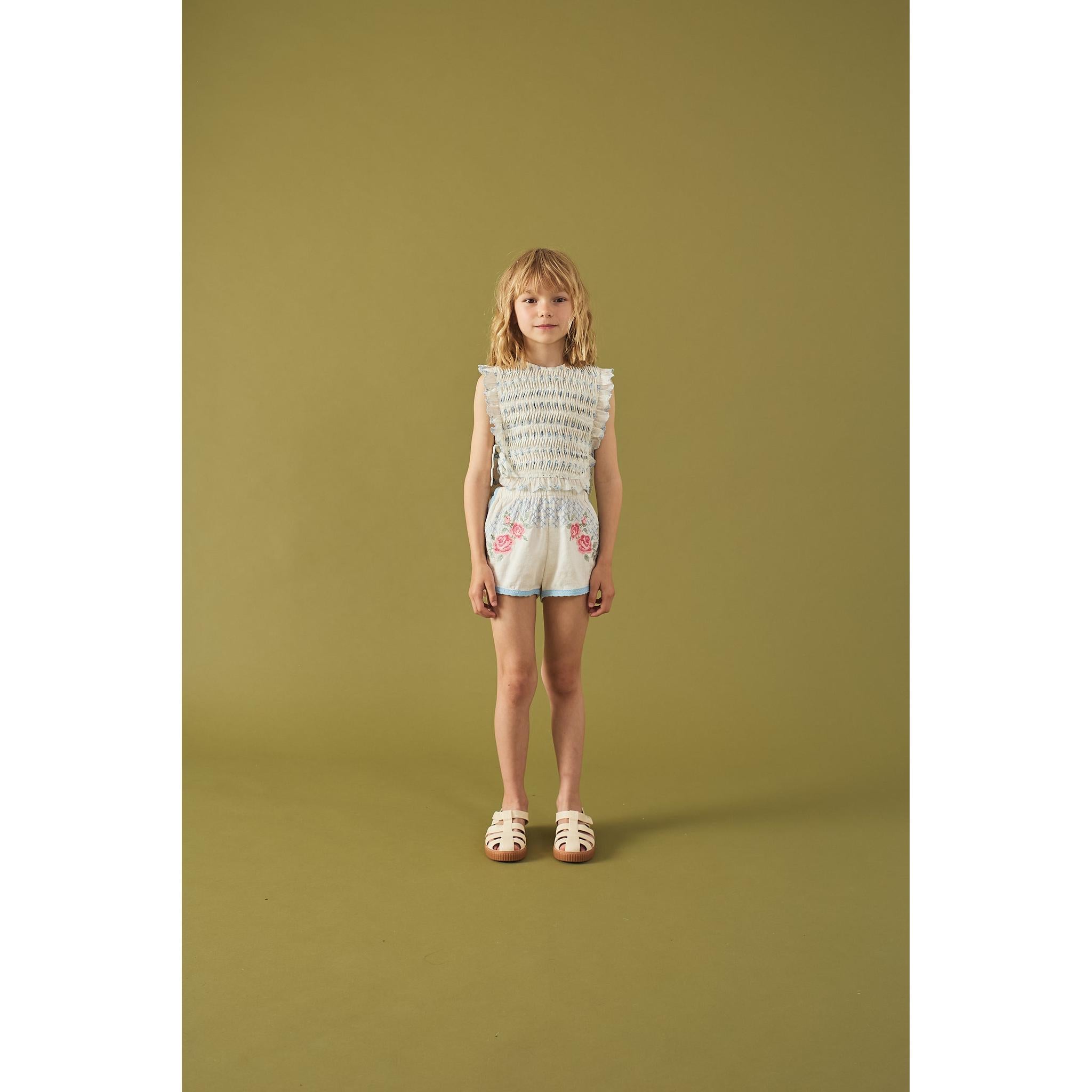 CASSIE RUFFLED TOP WITH SIDE TIES & ELLY CROSS-STITCH SHORTS WITH LACE TRIMS