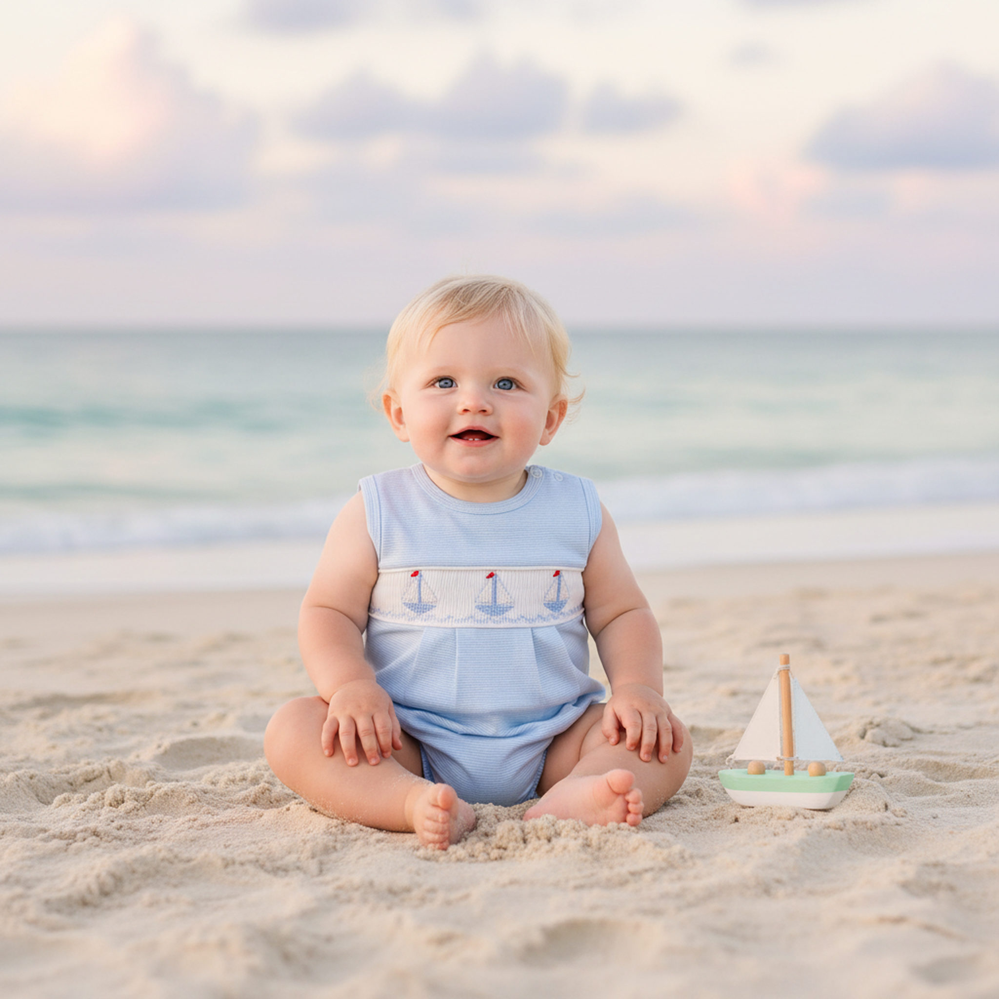 SAIL BOATS HAND SMOCKED PIMA BUBBLE