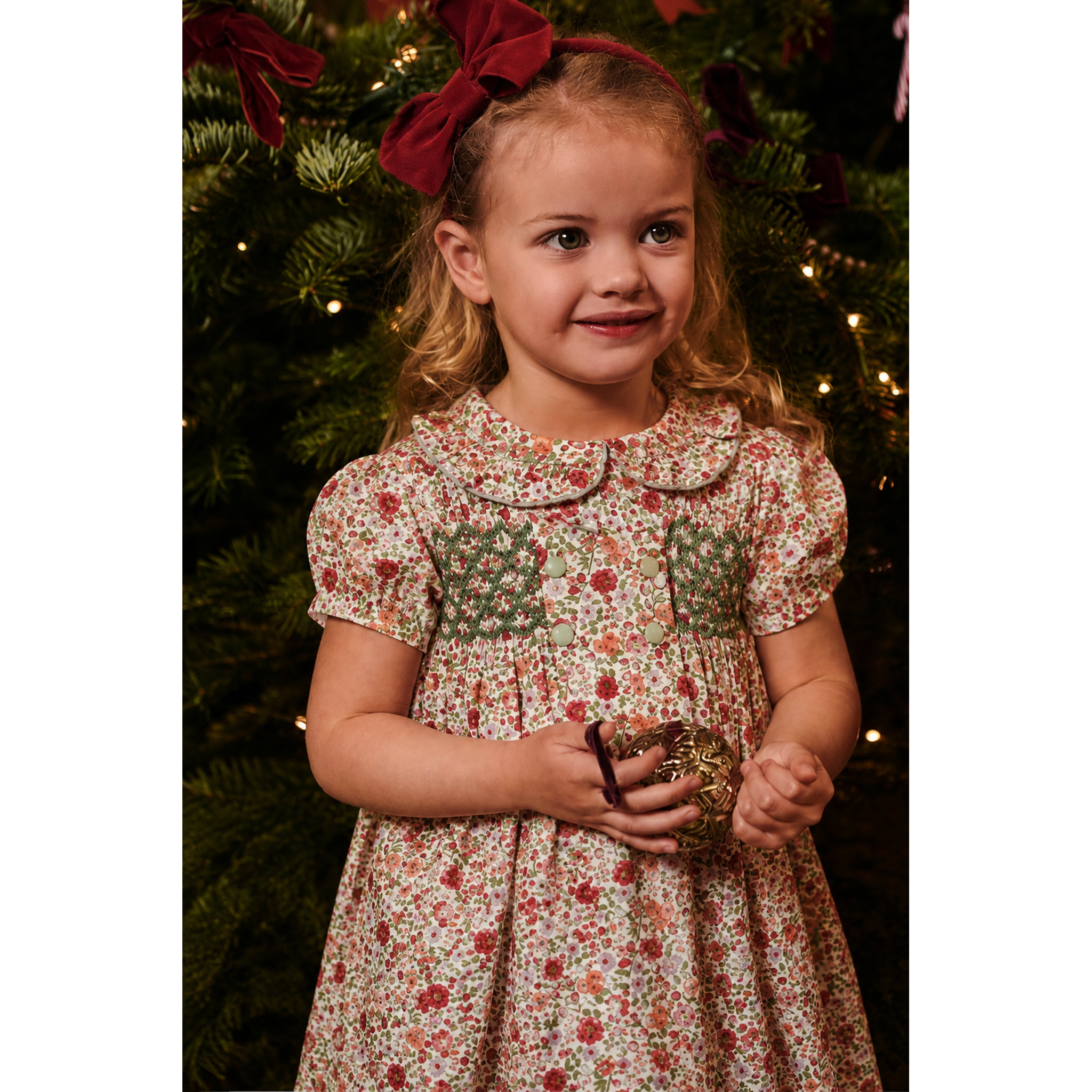 Holiday Buttons Smocked Dress