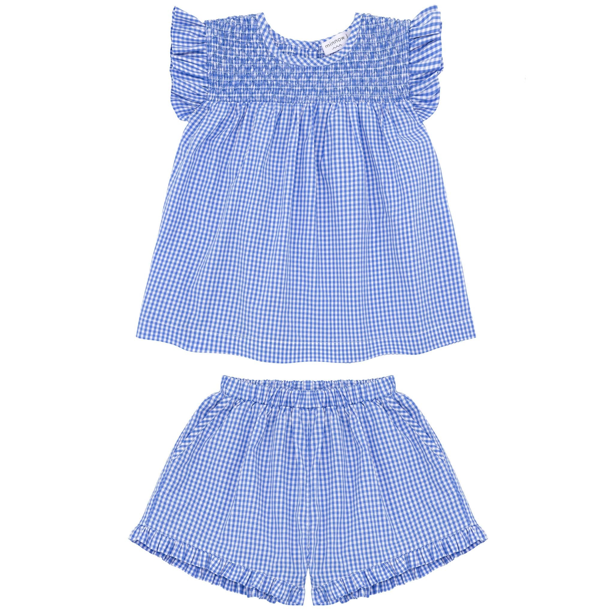sky blue gingham smocked top and short set