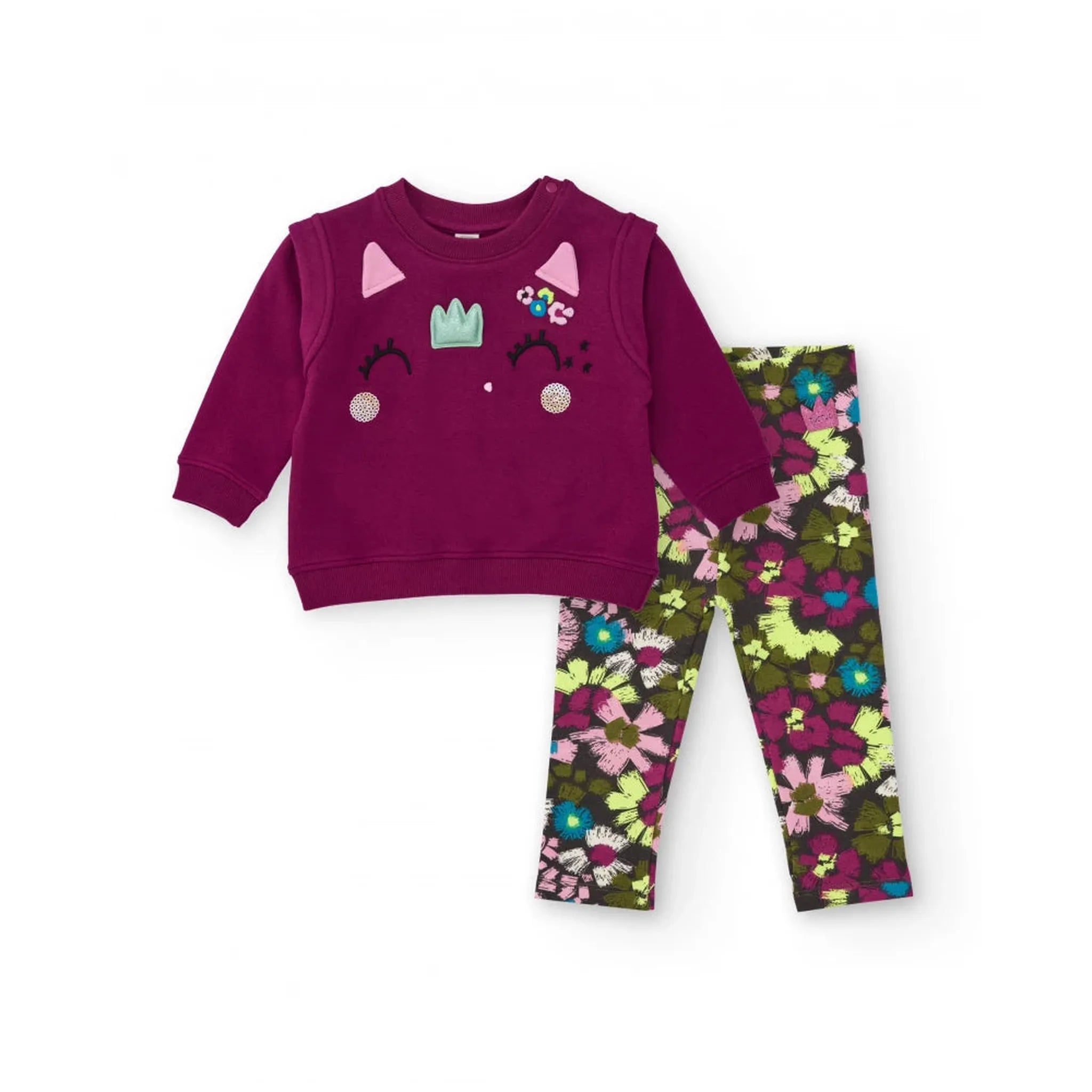 Conjunto de sudadera y leggings para niña en burdeos con detalles bordados y estampado floral